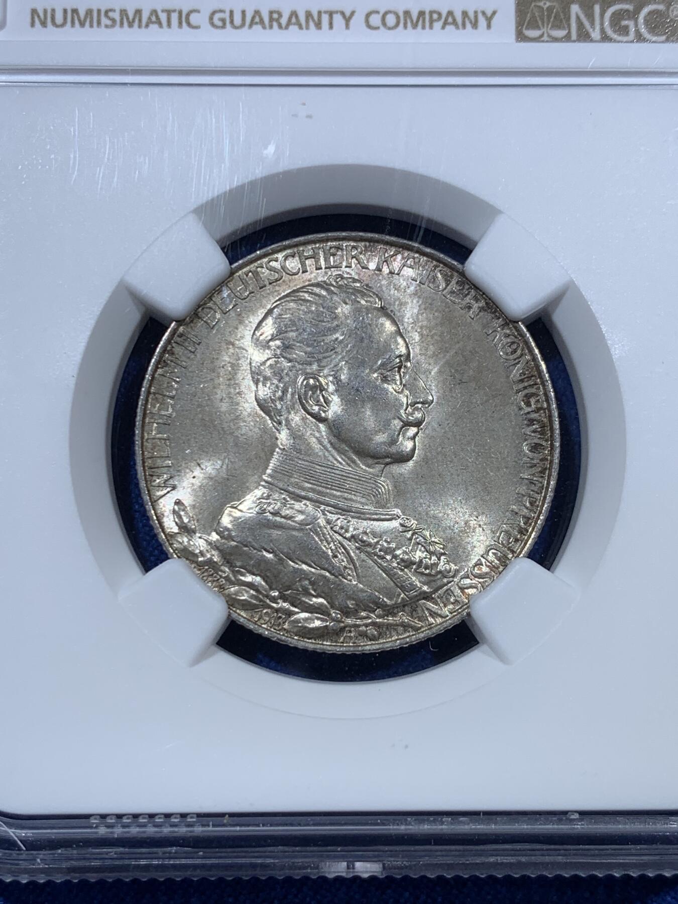 《竞宝斋》第307场   周日，周一,周二 3场连拍 （全场包邮） NGC MS65 原光德国1913年普鲁士军装2马克银币