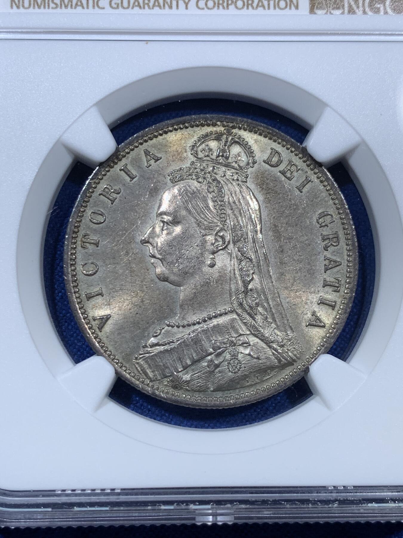 《竞宝斋》第307场   周日，周一,周二 3场连拍 （全场包邮） NGC MS62 英国1887年维多利亚半克朗银币 原味包浆