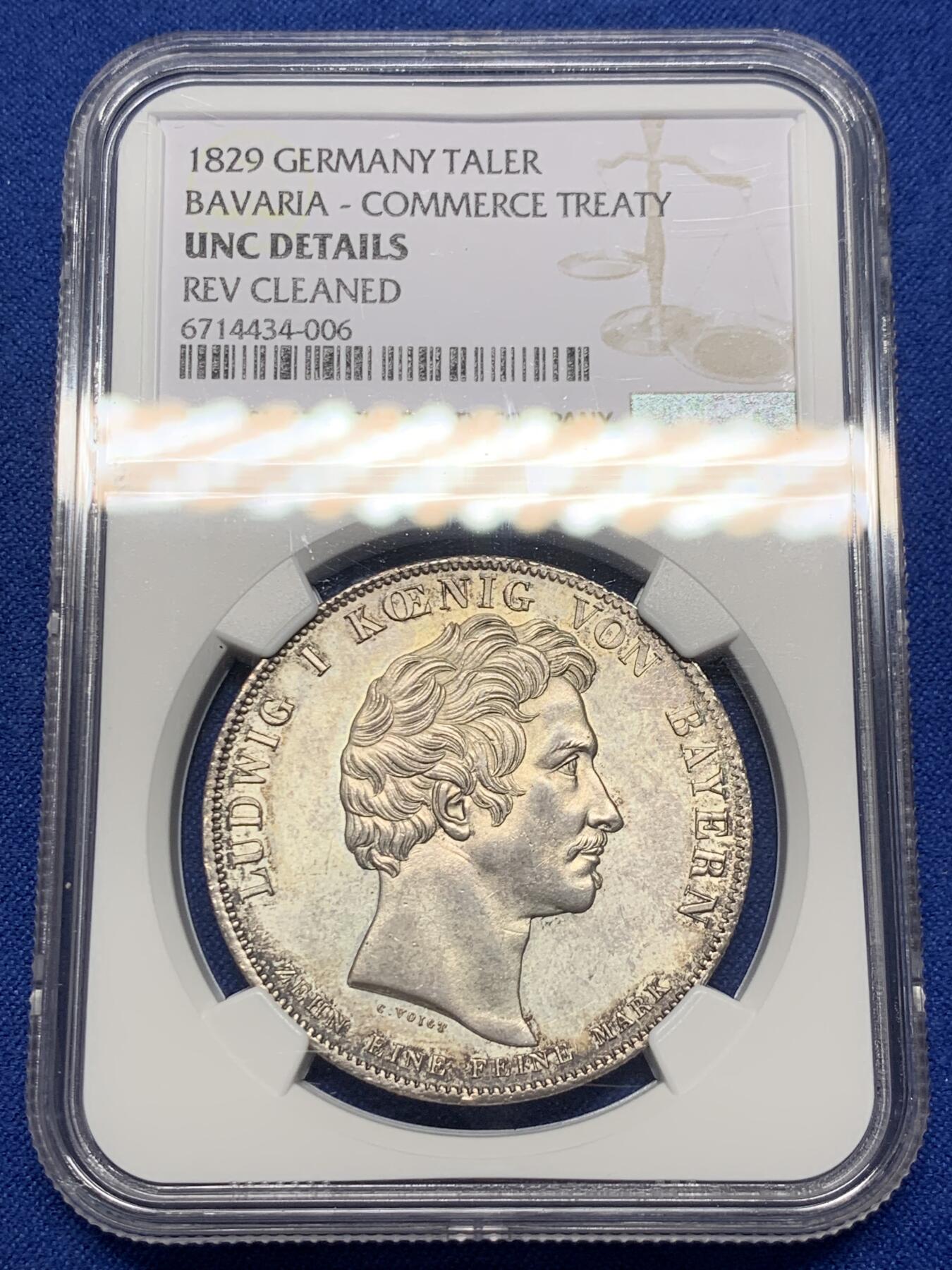 《竞宝斋》第307场   周日，周一,周二 3场连拍 （全场包邮） NGC UNC 德国 巴伐利亚1829年 商贸条约历史泰勒银币 未使用状态 可藏