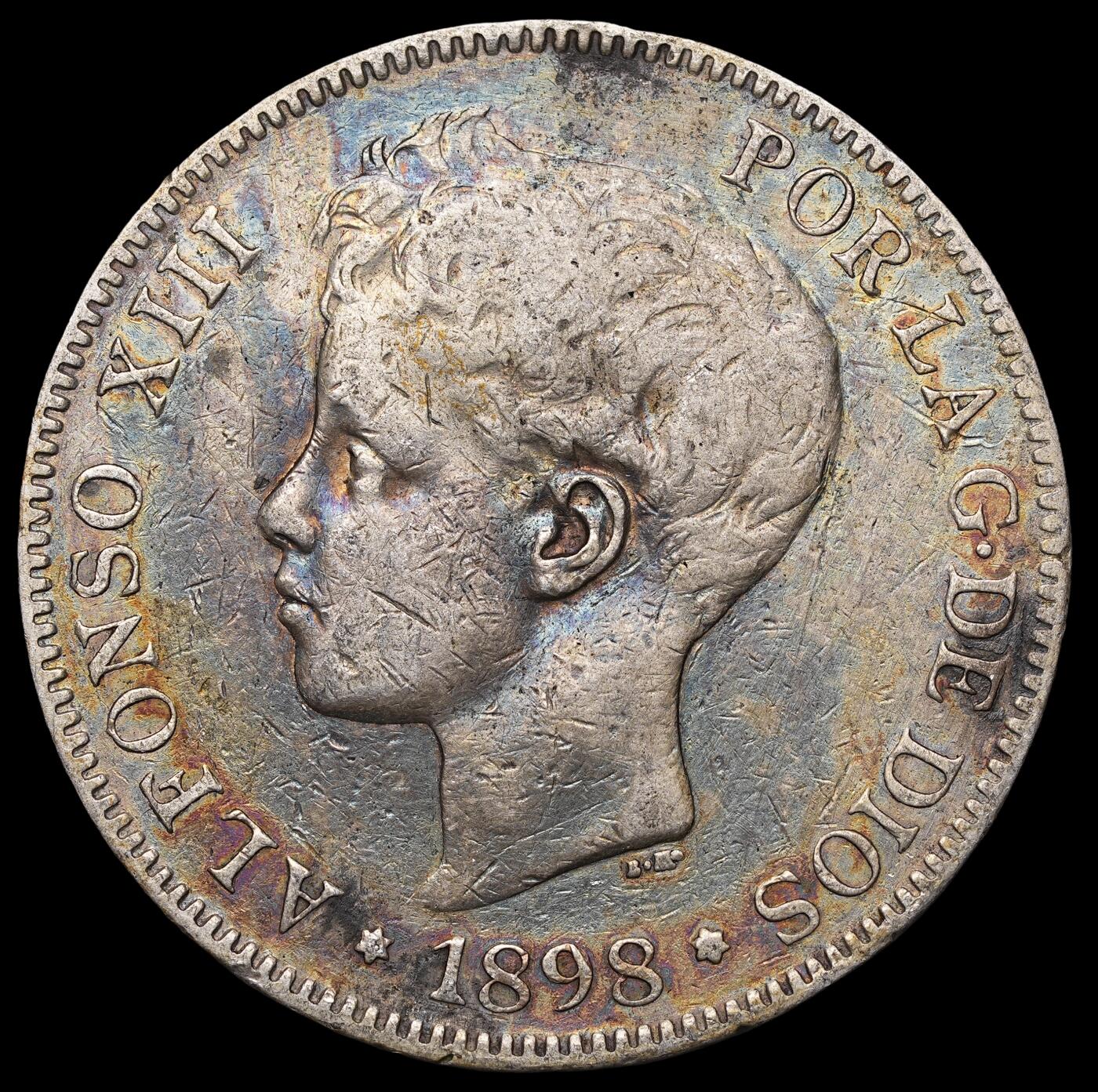 修遠堂世界钱币第三十九期 全场包邮 1898年西班牙5 比塞塔双柱大银币