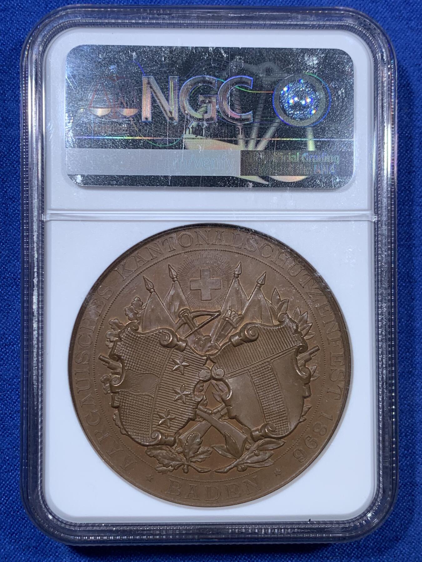 《竞宝斋》第307场   周日，周一,周二 3场连拍 （全场包邮） NGC MS64BN 亚军分 1896年 瑞士阿尔高射击节铜章 稀少品种 同分外网420美元