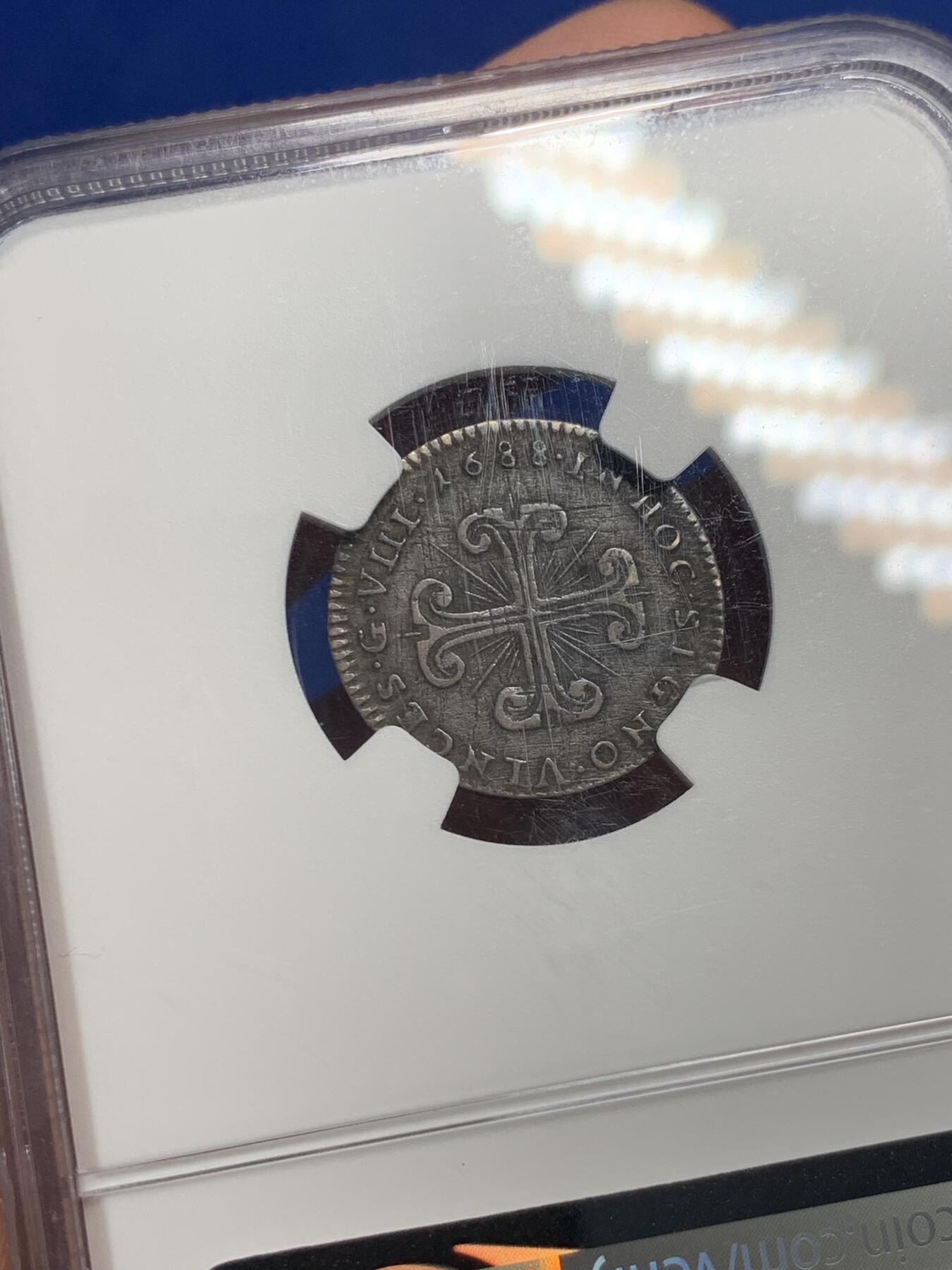 《竞宝斋》第307场   周日，周一,周二 3场连拍 （全场包邮） NGC XFD 意大利那不勒斯1688年卡洛斯二世8G银币 少见原味美品