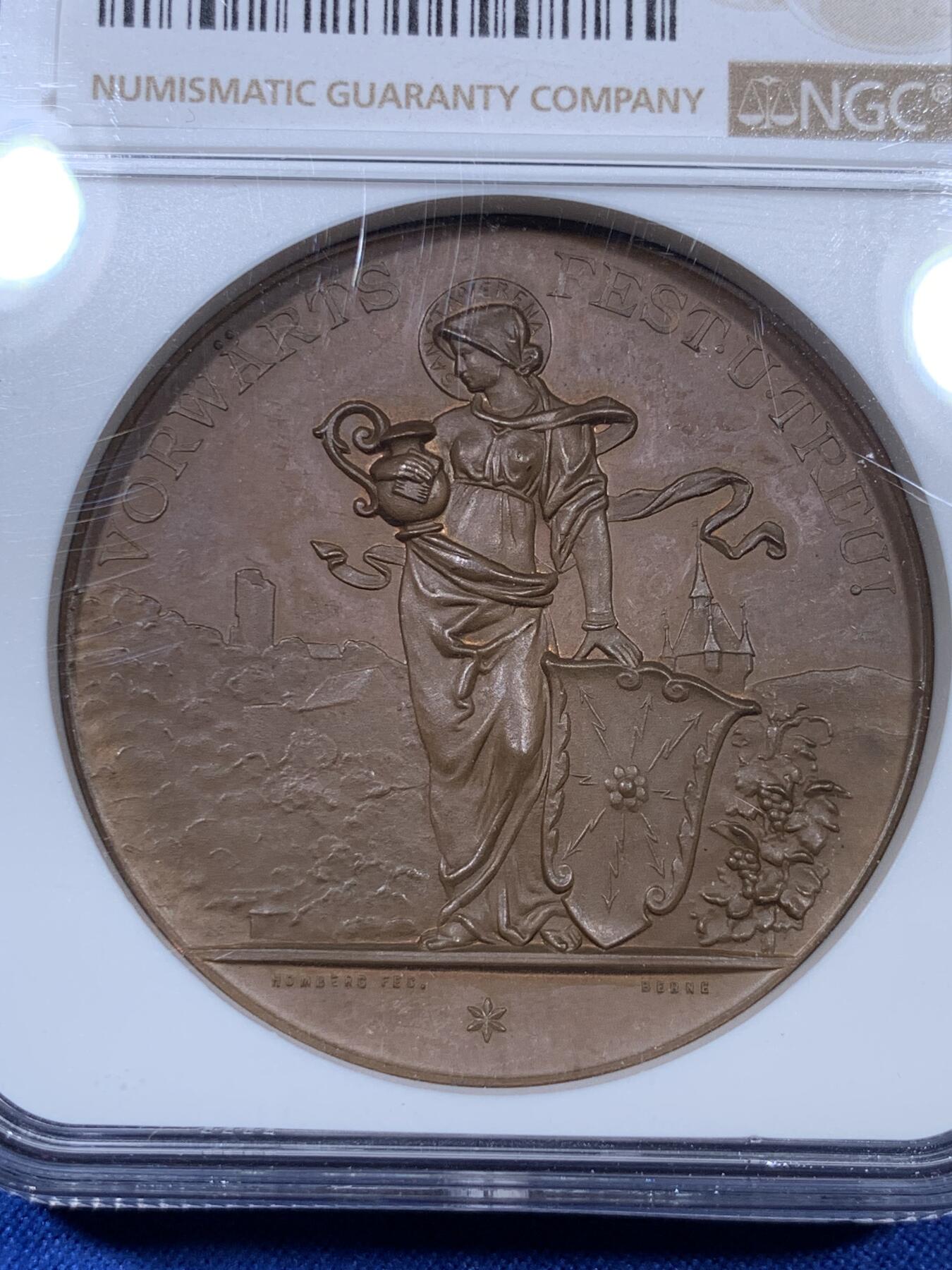 《竞宝斋》第307场   周日，周一,周二 3场连拍 （全场包邮） NGC MS64BN 亚军分 1896年 瑞士阿尔高射击节铜章 稀少品种 同分外网420美元