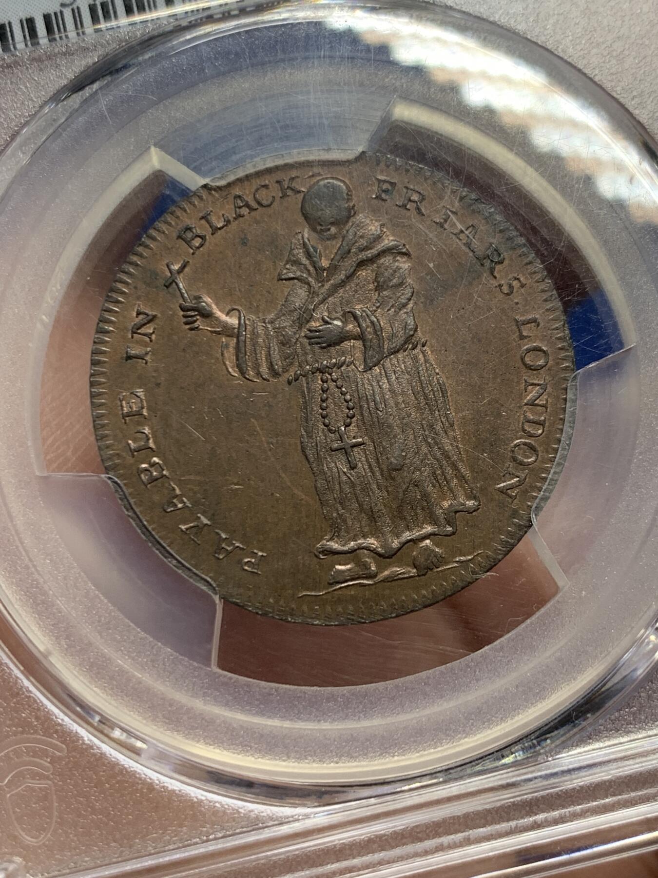 《竞宝斋》第307场   周日，周一,周二 3场连拍 （全场包邮） PCGS MS64BN 英国1790黑修士1/2便士代币 极美细节