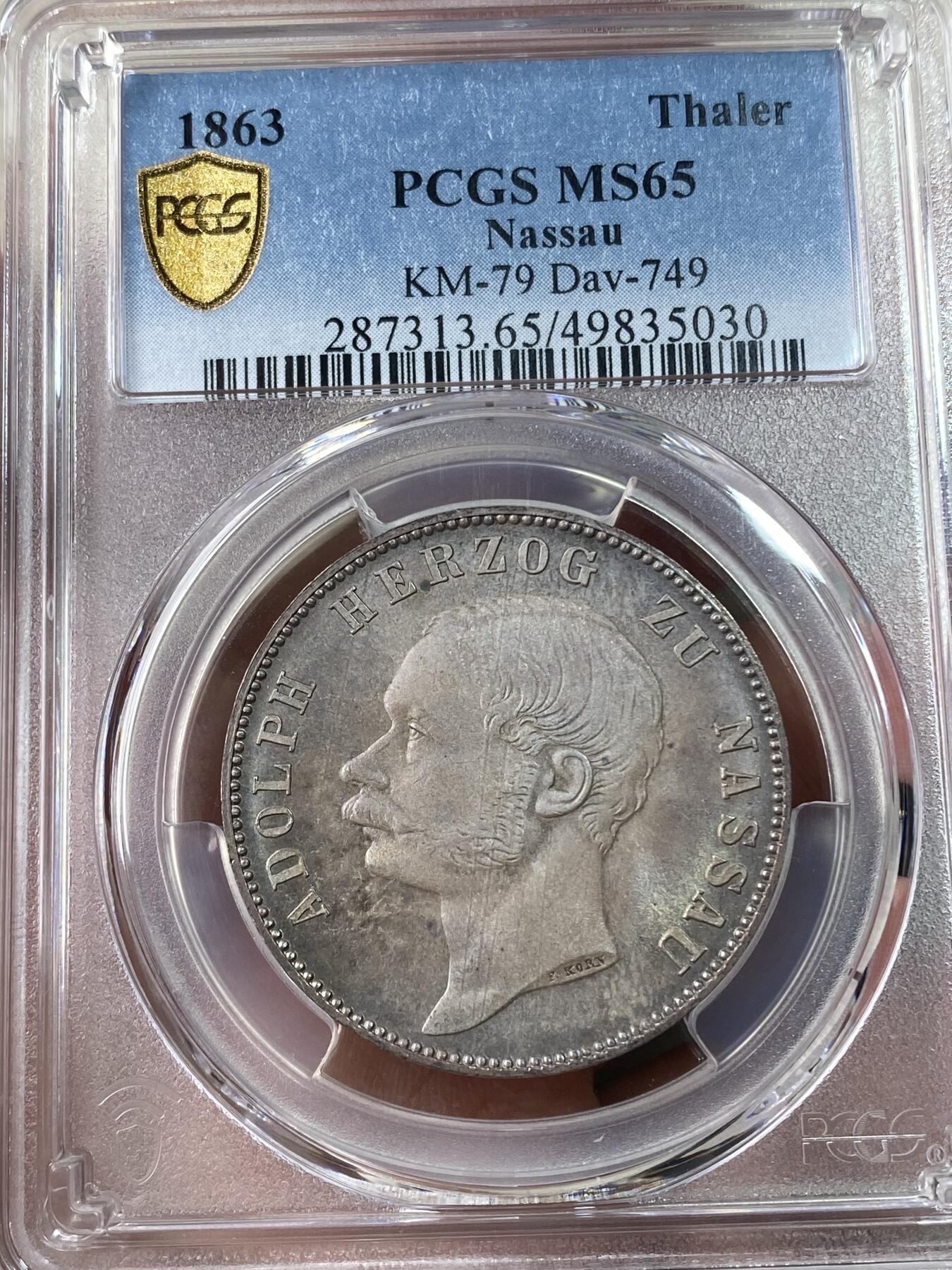 万国钱币拍卖第034期 PCGS MS65 1863年德国拿骚双狮流通1泰勒 BU曝光神品 完美紫色包浆 小邦外加流通充分 好品难度极其大的品种