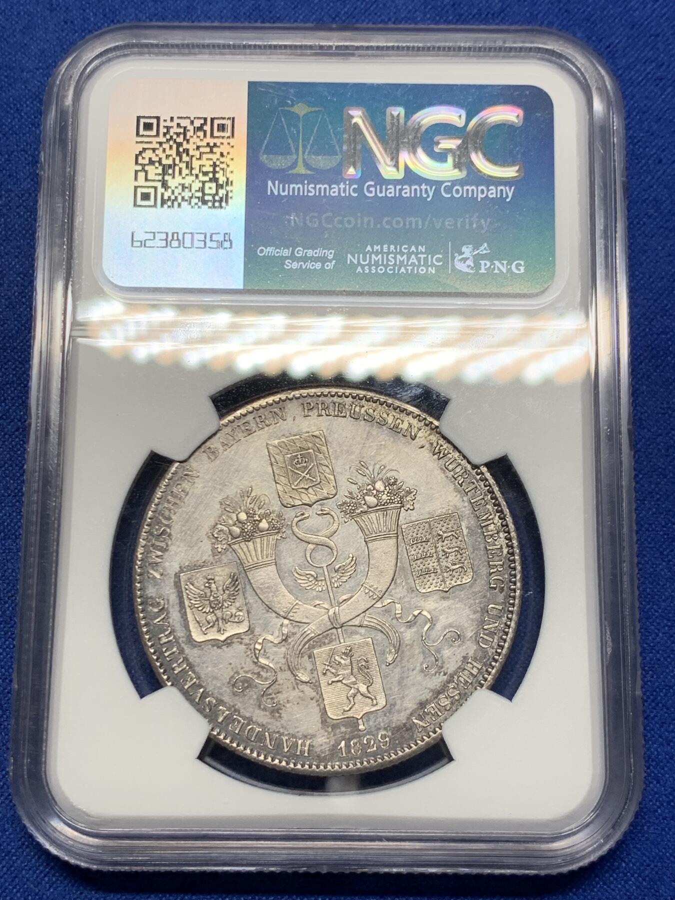 《竞宝斋》第307场   周日，周一,周二 3场连拍 （全场包邮） NGC UNC 德国 巴伐利亚1829年 商贸条约历史泰勒银币 未使用状态 可藏