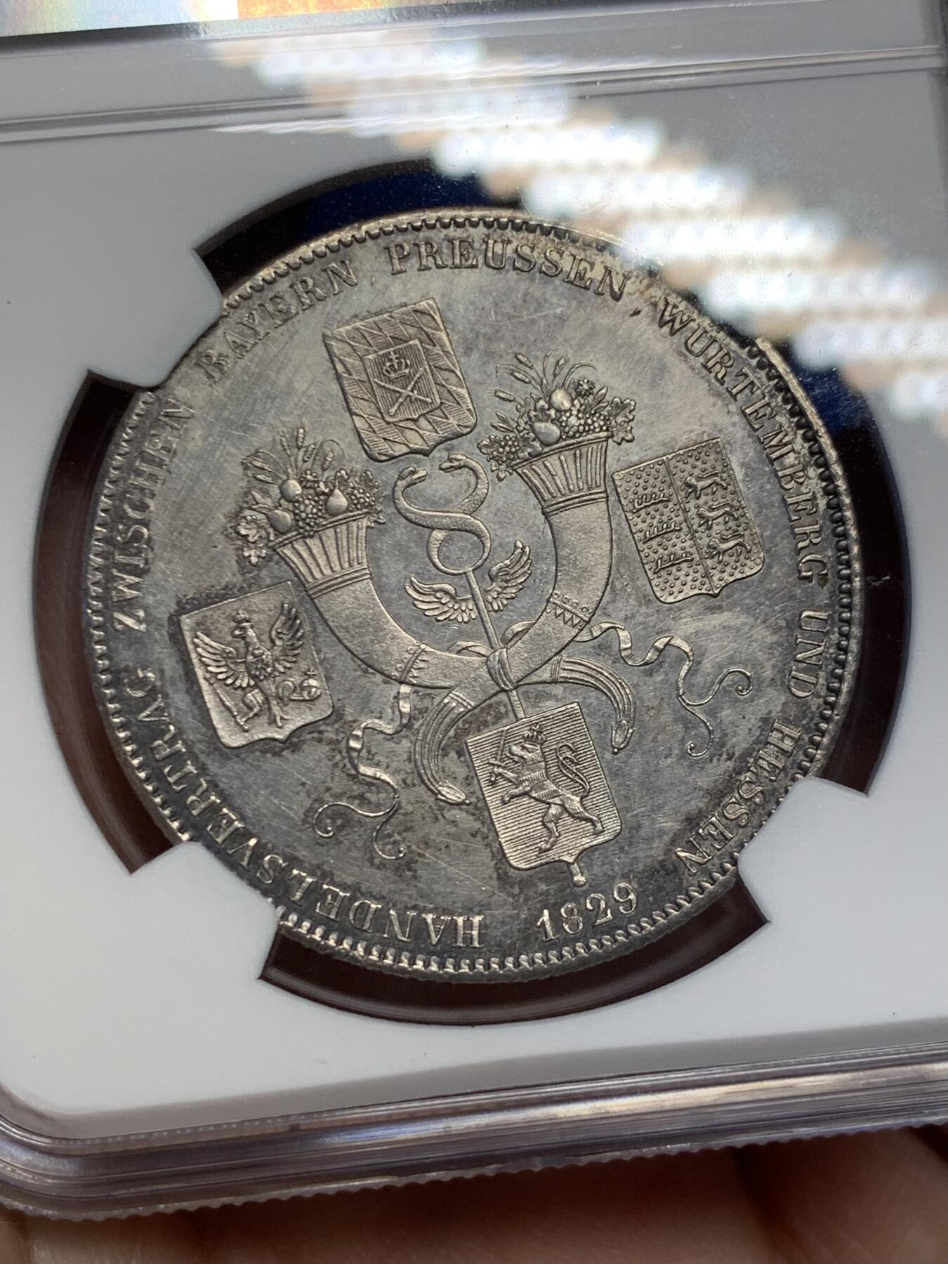 《竞宝斋》第307场   周日，周一,周二 3场连拍 （全场包邮） NGC UNC 德国 巴伐利亚1829年 商贸条约历史泰勒银币 未使用状态 可藏