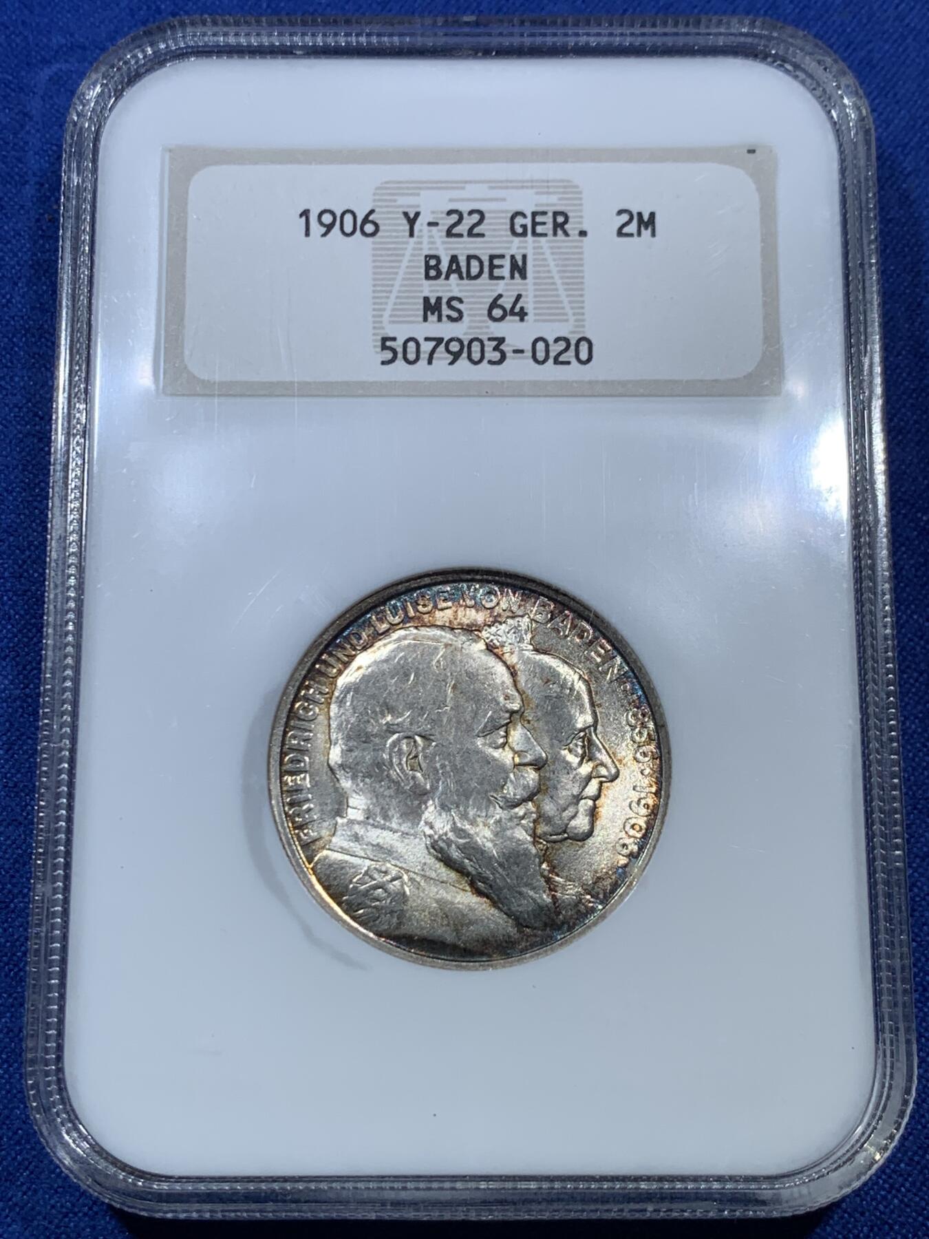 《竞宝斋》第307场   周日，周一,周二 3场连拍 （全场包邮） NGC MS64 德国1906巴登金婚2马克银币 早期小白盒