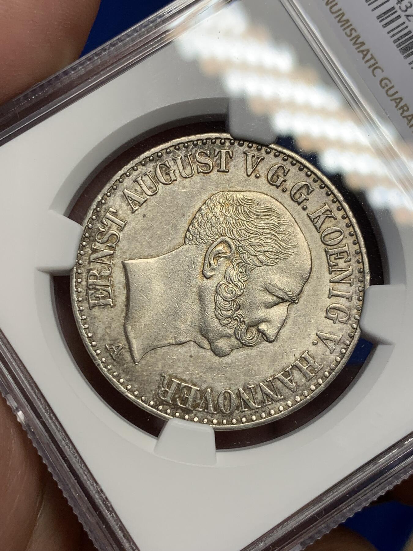 《竞宝斋》第307场   周日，周一,周二 3场连拍 （全场包邮） NGC UNC 德国 汉诺威 1849 奥古斯特一世 泰勒银币 少见品种 细节非常好 带淡彩
