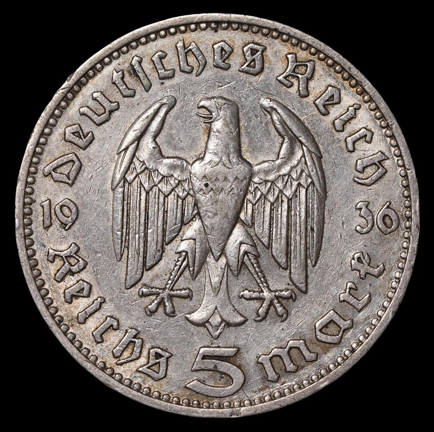 修遠堂世界钱币第三十九期 全场包邮 1936年德国兴登堡5马克银币 J厂铭 较少见厂铭