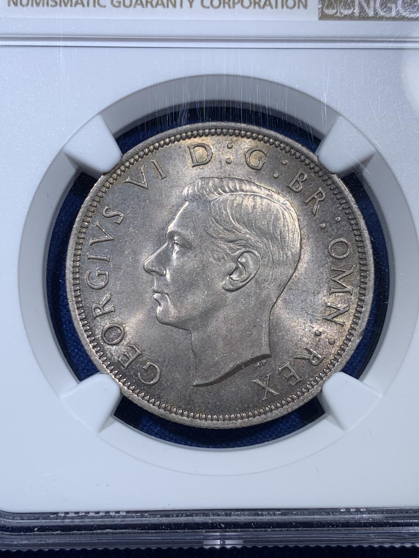 《竞宝斋》第307场   周日，周一,周二 3场连拍 （全场包邮） NGC MS64 英国 1939年 半克朗 乔治六世 银币