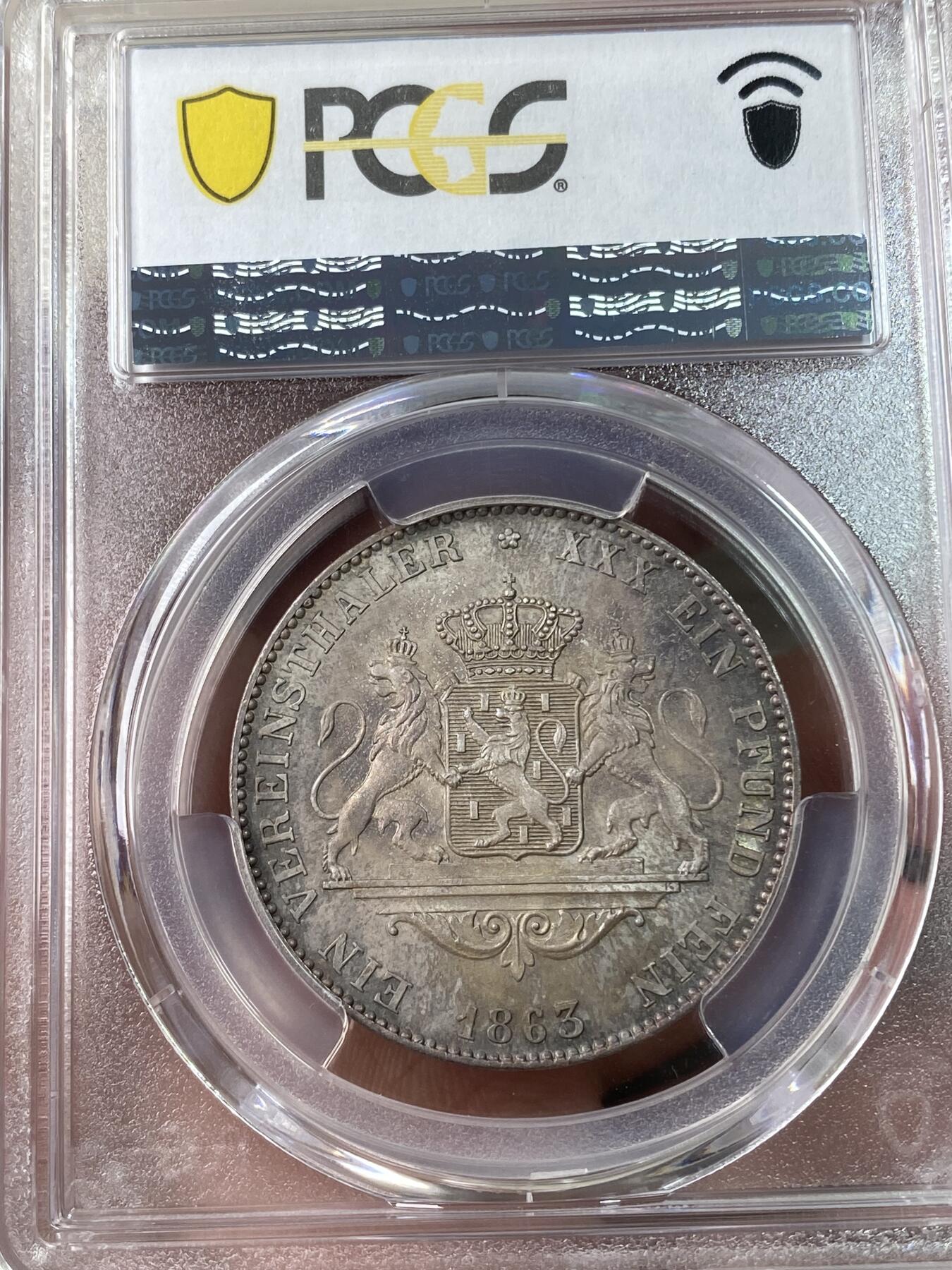 万国钱币拍卖第034期 PCGS MS65 1863年德国拿骚双狮流通1泰勒 BU曝光神品 完美紫色包浆 小邦外加流通充分 好品难度极其大的品种