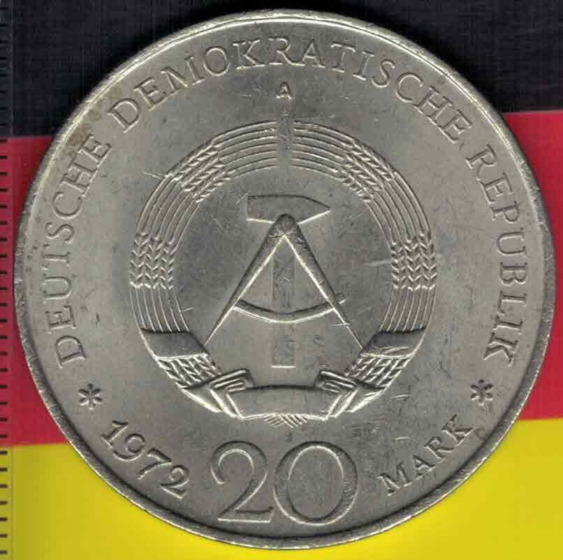 德国(东德 民主德国)1972年20马克 威廉-皮克总统纪念币 实物图 AUNC