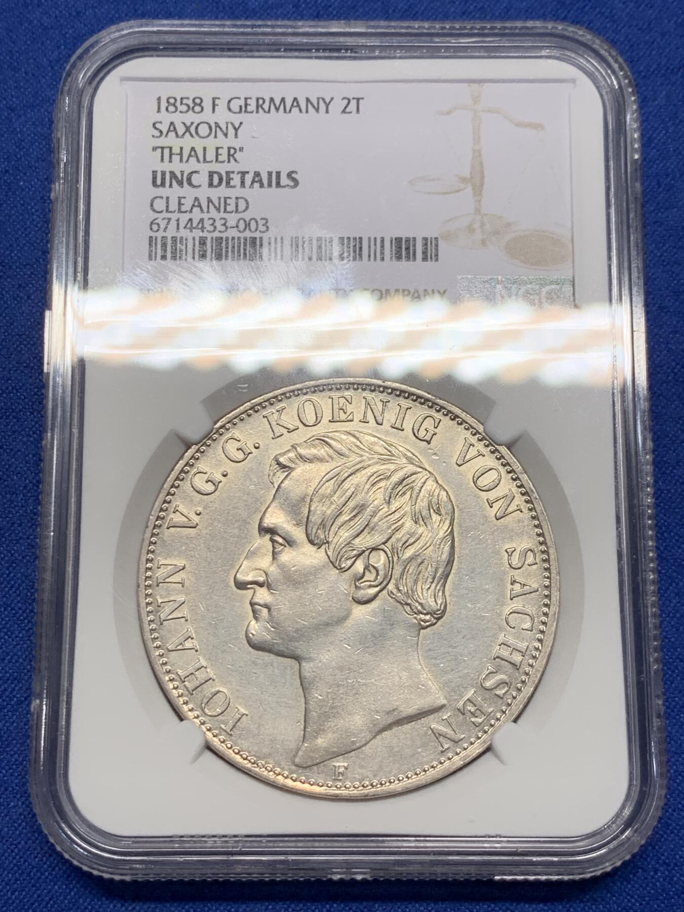 《竞宝斋》第307场   周日，周一,周二 3场连拍 （全场包邮） NGC UNC 德国 1858 萨克森 约翰一世 2泰勒 37克的大银币 底板光洁 细节非常出众