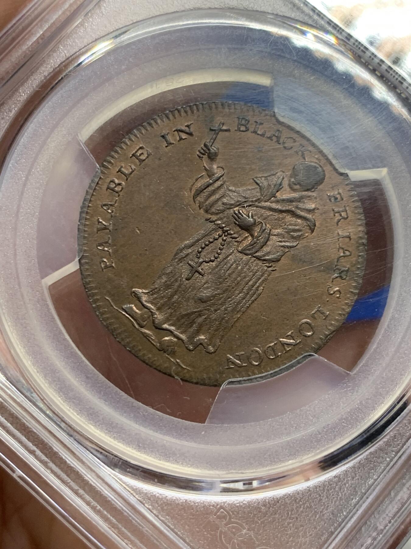 《竞宝斋》第307场   周日，周一,周二 3场连拍 （全场包邮） PCGS MS64BN 英国1790黑修士1/2便士代币 极美细节