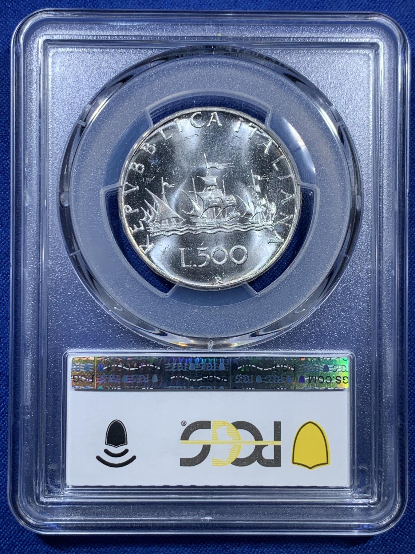 《竞宝斋》第307场   周日，周一,周二 3场连拍 （全场包邮） PCGS MS65 意大利1967年帆船少女500里拉银币 PL质感