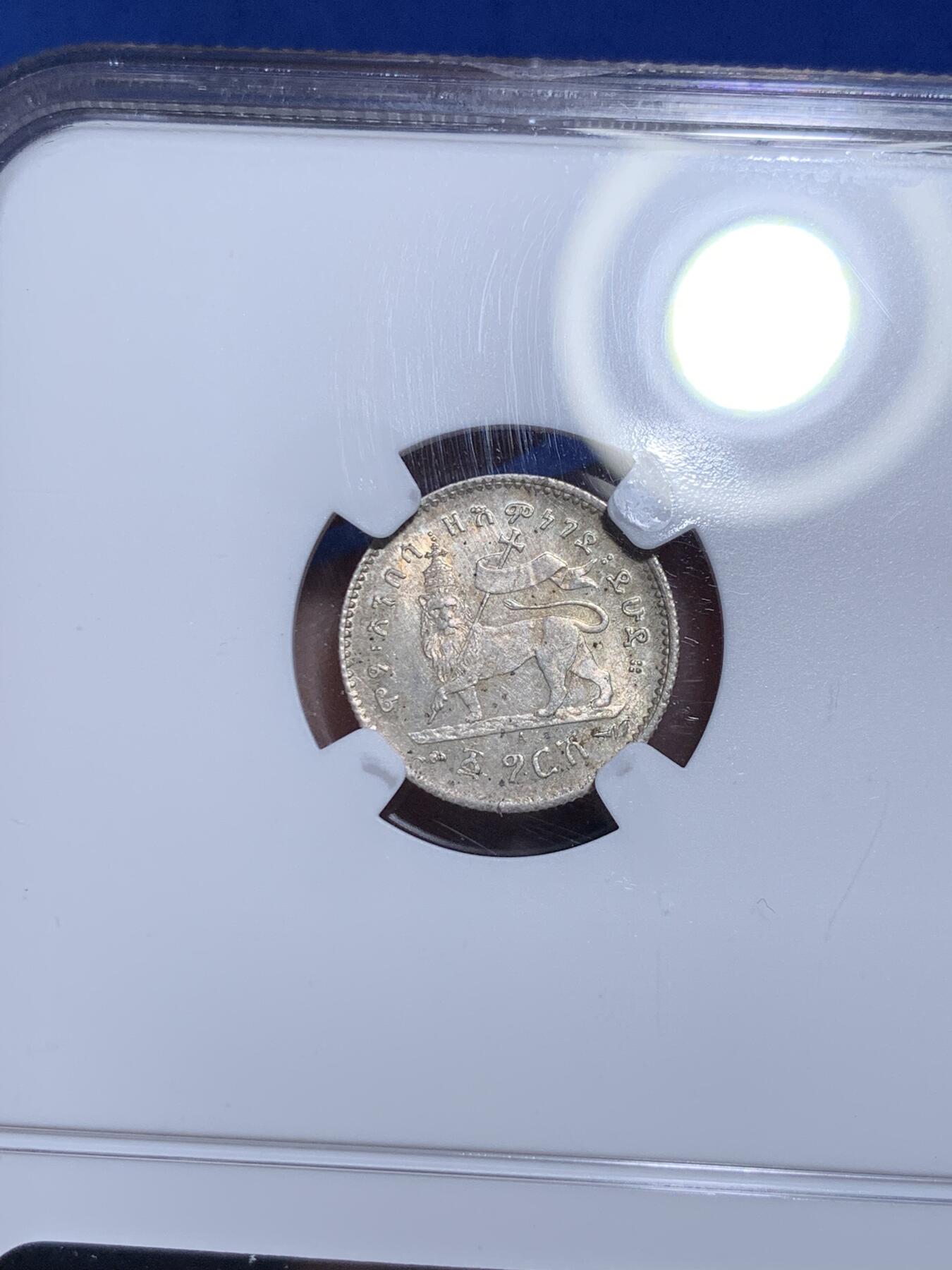 《竞宝斋》第307场   周日，周一,周二 3场连拍 （全场包邮） NGC MS63 埃塞俄比亚1895年狮子扛旗1GERSH银币 原味包浆