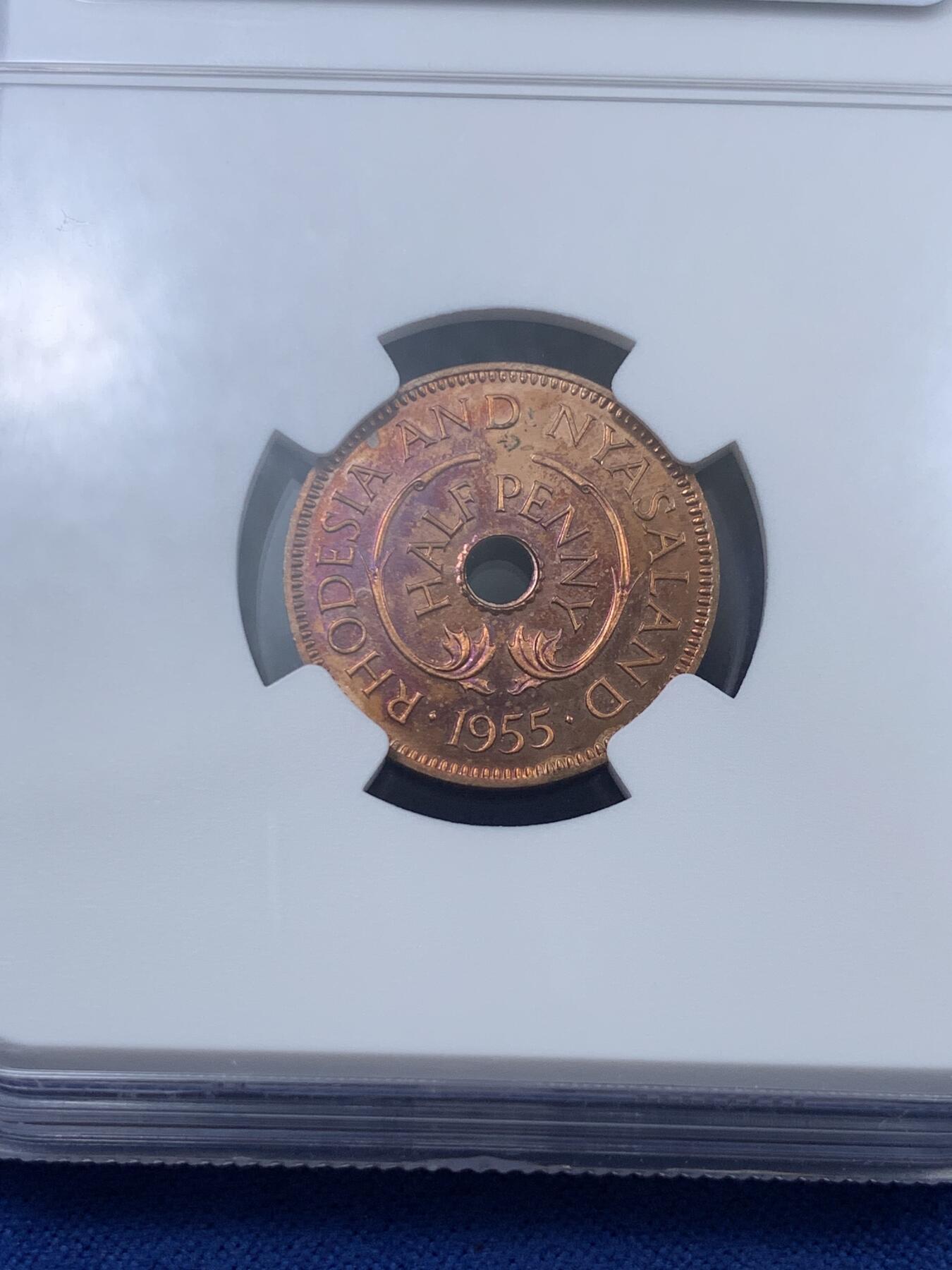 《竞宝斋》第307场   周日，周一,周二 3场连拍 （全场包邮） NGC PF64RB 1955年罗德西亚和尼亚萨兰长颈鹿1/2便士精制长颈鹿铜币