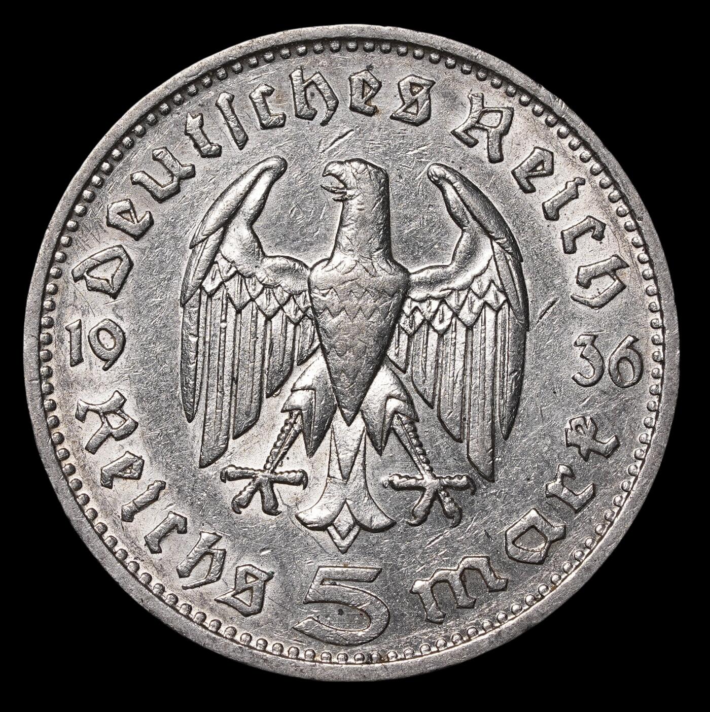 修遠堂世界钱币第三十九期 全场包邮 1936年德国兴登堡5马克银币 G厂铭 较少见厂铭