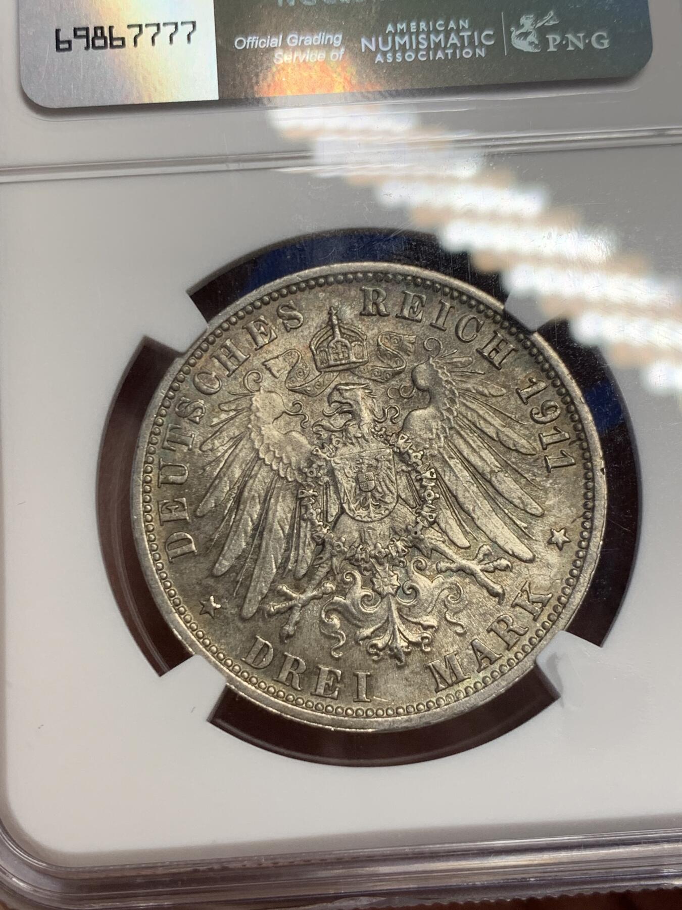 《竞宝斋》第307场   周日，周一,周二 3场连拍 （全场包邮） NGC MS64 原光德国1911年符腾堡金婚3马克银币