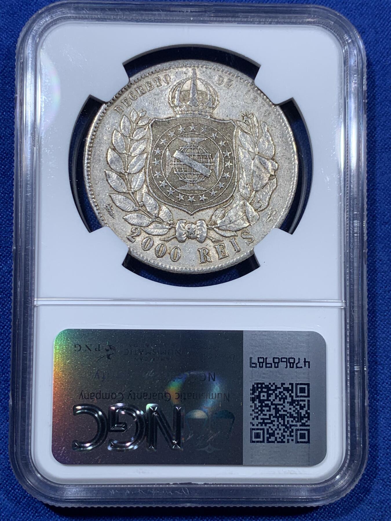 《竞宝斋》第307场   周日，周一,周二 3场连拍 （全场包邮） NGC AU55 巴西1889年佩德罗二世2000瑞斯银币