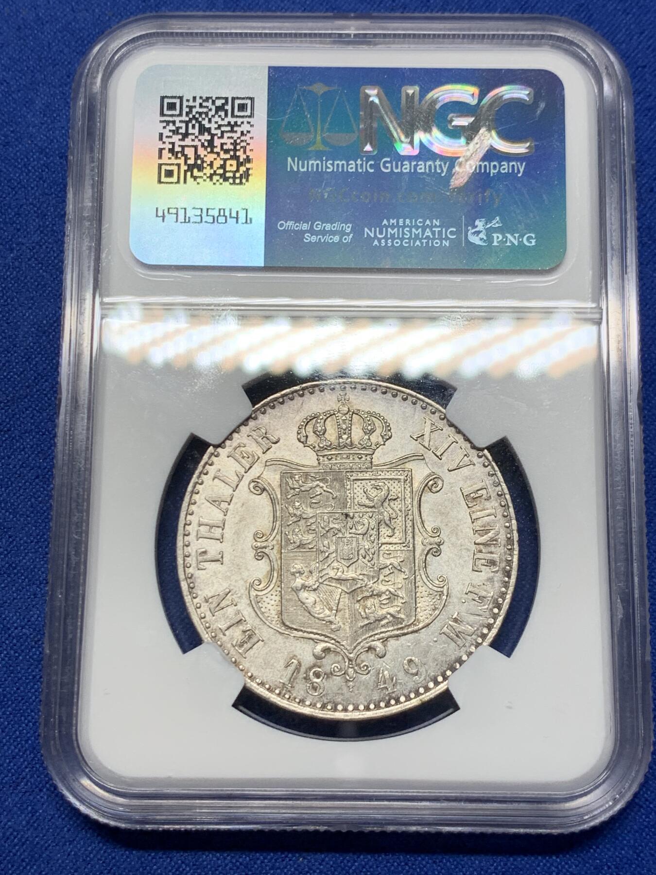 《竞宝斋》第307场   周日，周一,周二 3场连拍 （全场包邮） NGC UNC 德国 汉诺威 1849 奥古斯特一世 泰勒银币 少见品种 细节非常好 带淡彩