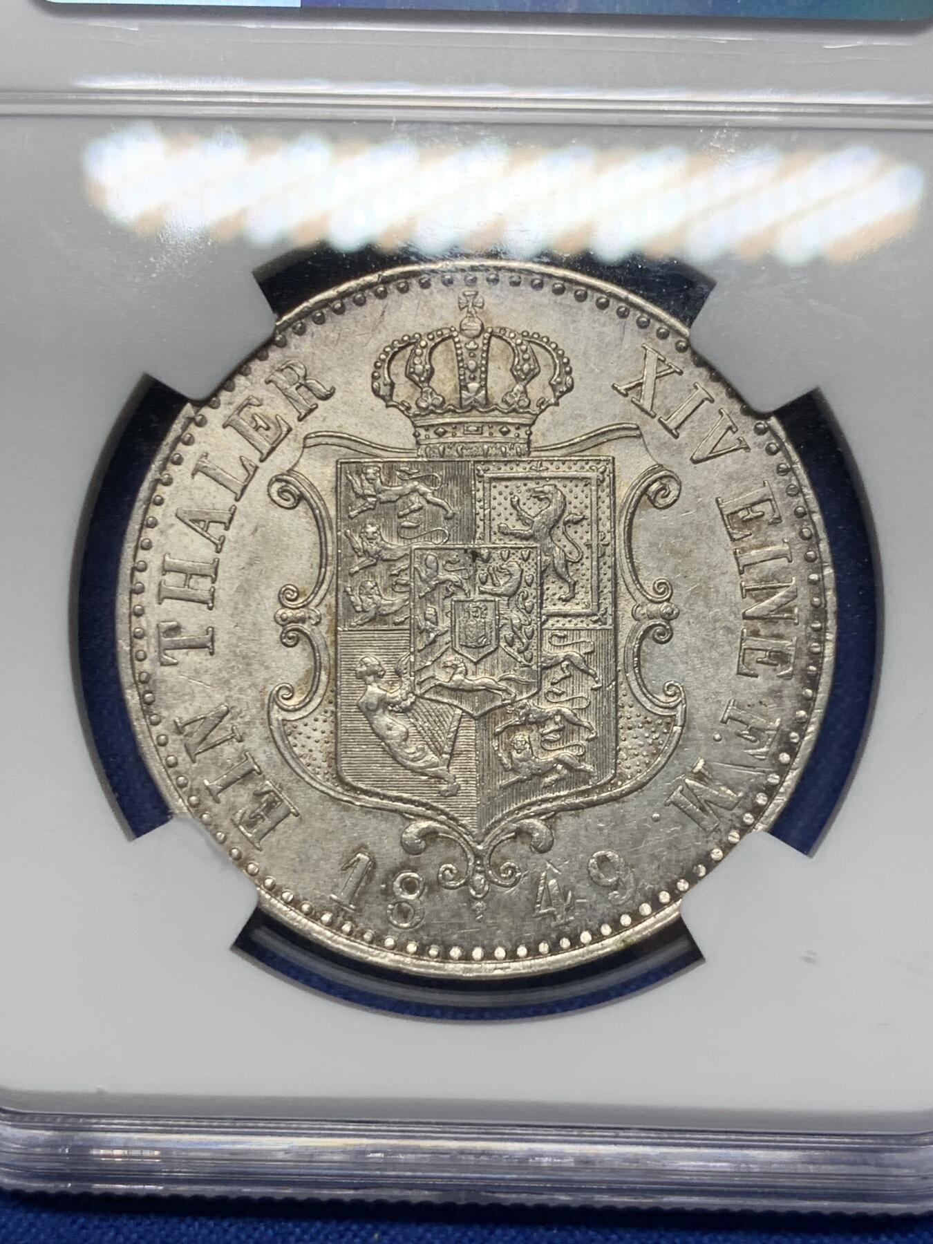 《竞宝斋》第307场   周日，周一,周二 3场连拍 （全场包邮） NGC UNC 德国 汉诺威 1849 奥古斯特一世 泰勒银币 少见品种 细节非常好 带淡彩