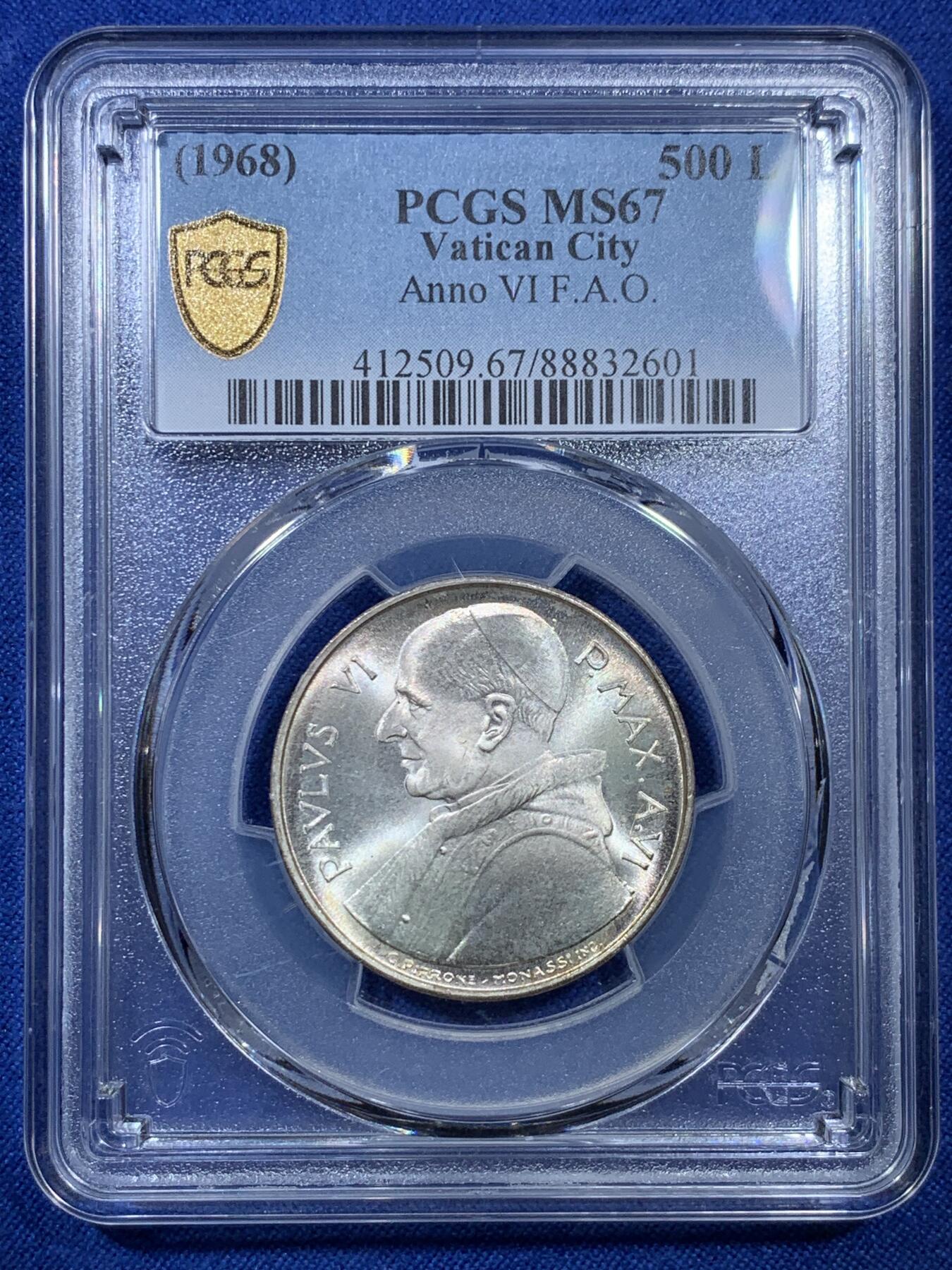 《竞宝斋》第307场   周日，周一,周二 3场连拍 （全场包邮） PCGS MS67 梵蒂冈1968年500里拉银币 联合国粮农组织纪念币，亚军分！最高分68分仅1枚