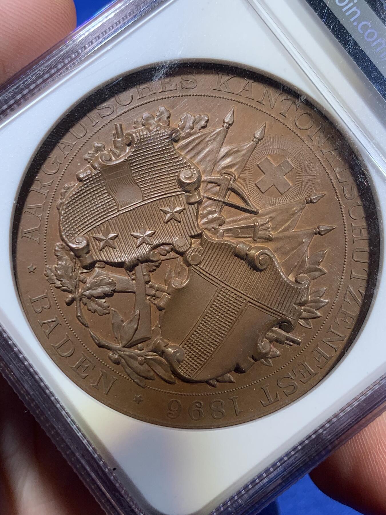 《竞宝斋》第307场   周日，周一,周二 3场连拍 （全场包邮） NGC MS64BN 亚军分 1896年 瑞士阿尔高射击节铜章 稀少品种 同分外网420美元