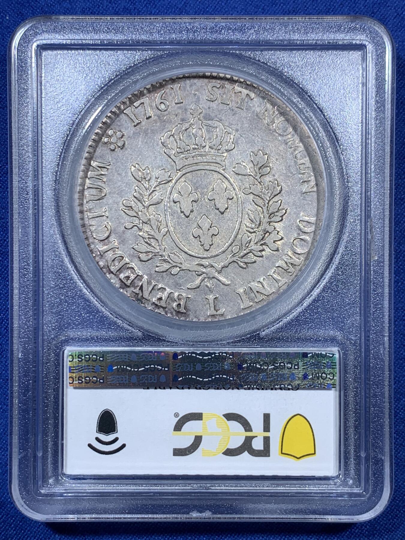 《竞宝斋》第307场   周日，周一,周二 3场连拍 （全场包邮） PCGS VFD 1761年法国路易十五埃居 老年版，这个版本工艺粗糙，弱打、大量减重痕极其常见，此枚仅边缘有轻微减重痕，非常难得