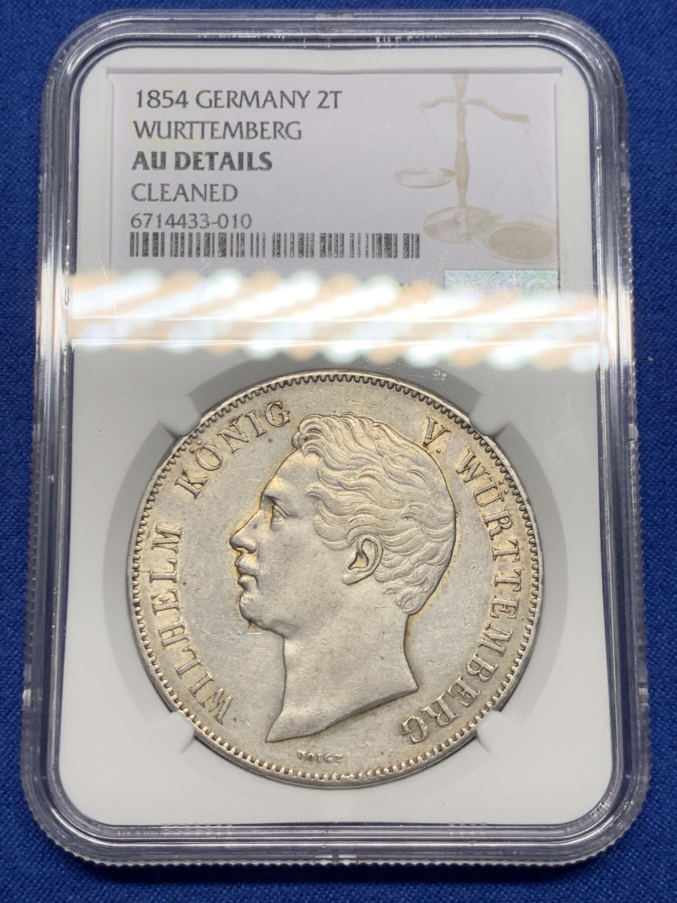 《竞宝斋》第307场   周日，周一,周二 3场连拍 （全场包邮） NGC AUD 德国 符腾堡 1854年 威廉一世  2泰勒大银币 少见品种 当个品种很不错