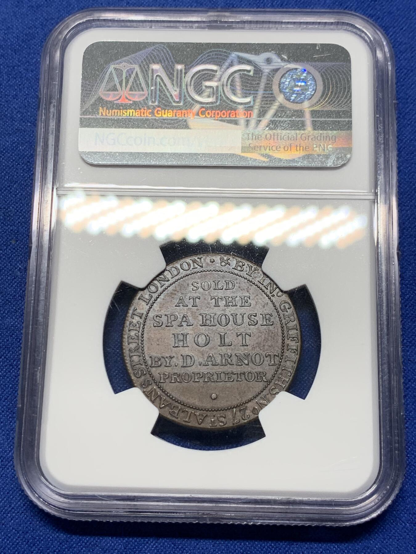 《竞宝斋》第307场   周日，周一,周二 3场连拍 （全场包邮） NGC MS62BN 英国1790威尔特郡吹笛天使1/2P铜代币 季军分，更高分仅有两枚。