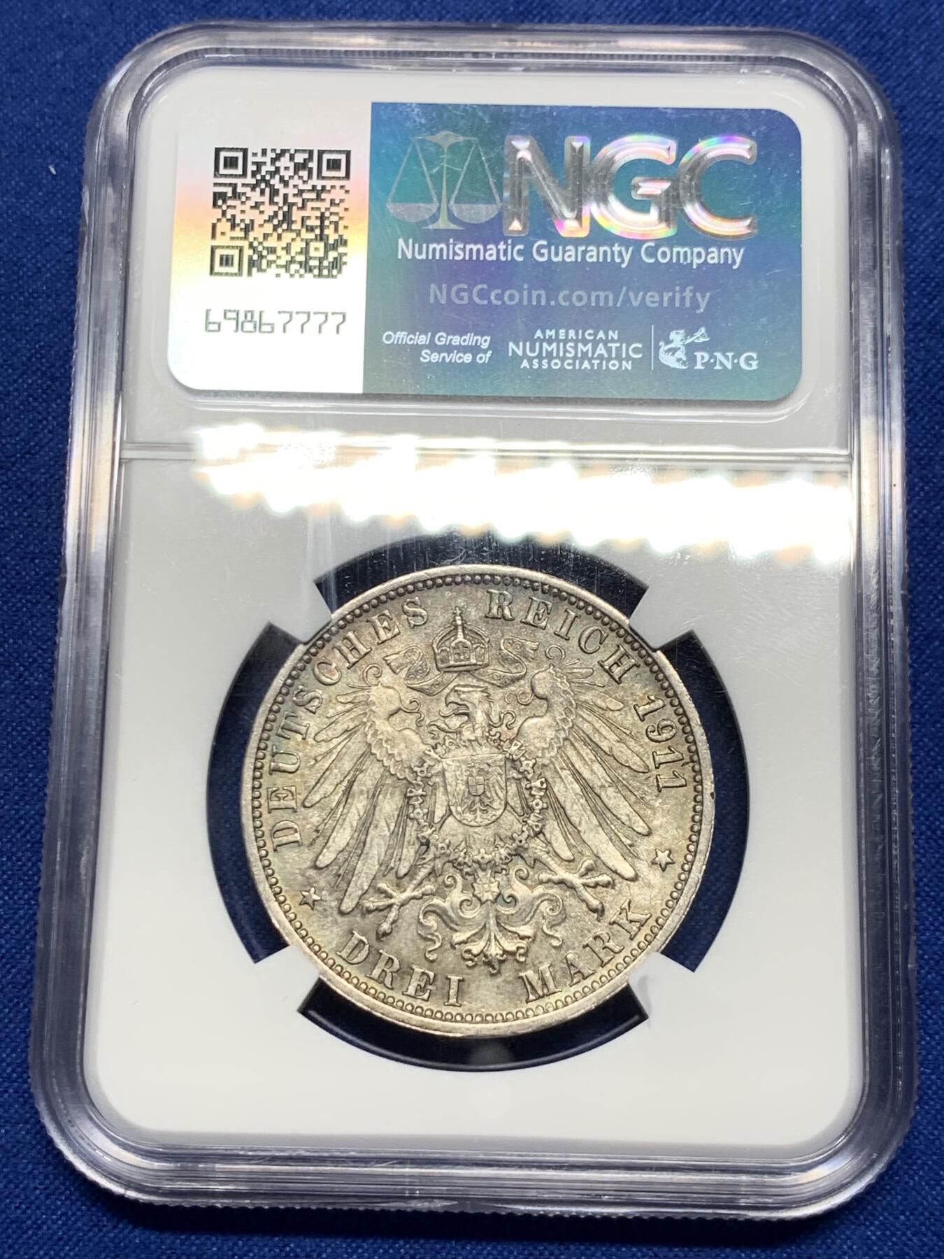 《竞宝斋》第307场   周日，周一,周二 3场连拍 （全场包邮） NGC MS64 原光德国1911年符腾堡金婚3马克银币