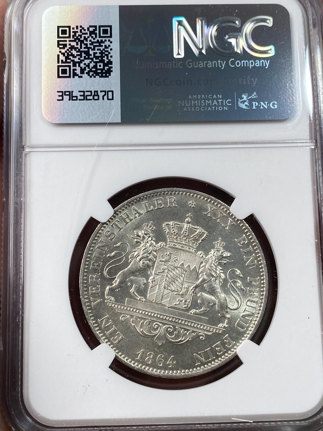 万国钱币拍卖第034期 NGC UNCD 1864年德国巴伐利亚双狮盾徽流通1泰勒 转光与高点都非常出色 错杀感极重