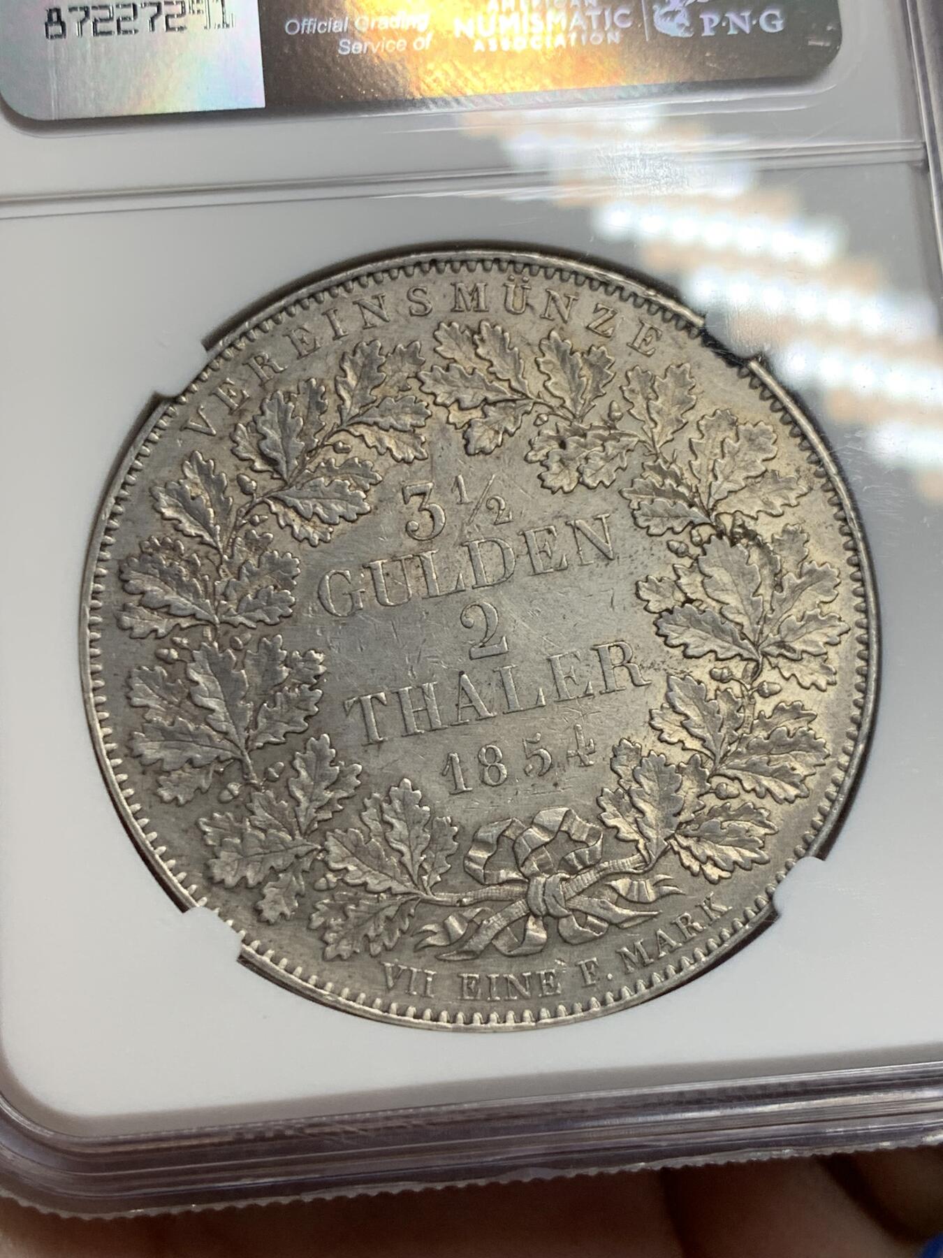 《竞宝斋》第307场   周日，周一,周二 3场连拍 （全场包邮） NGC AUD 德国 符腾堡 1854年 威廉一世  2泰勒大银币 少见品种 当个品种很不错