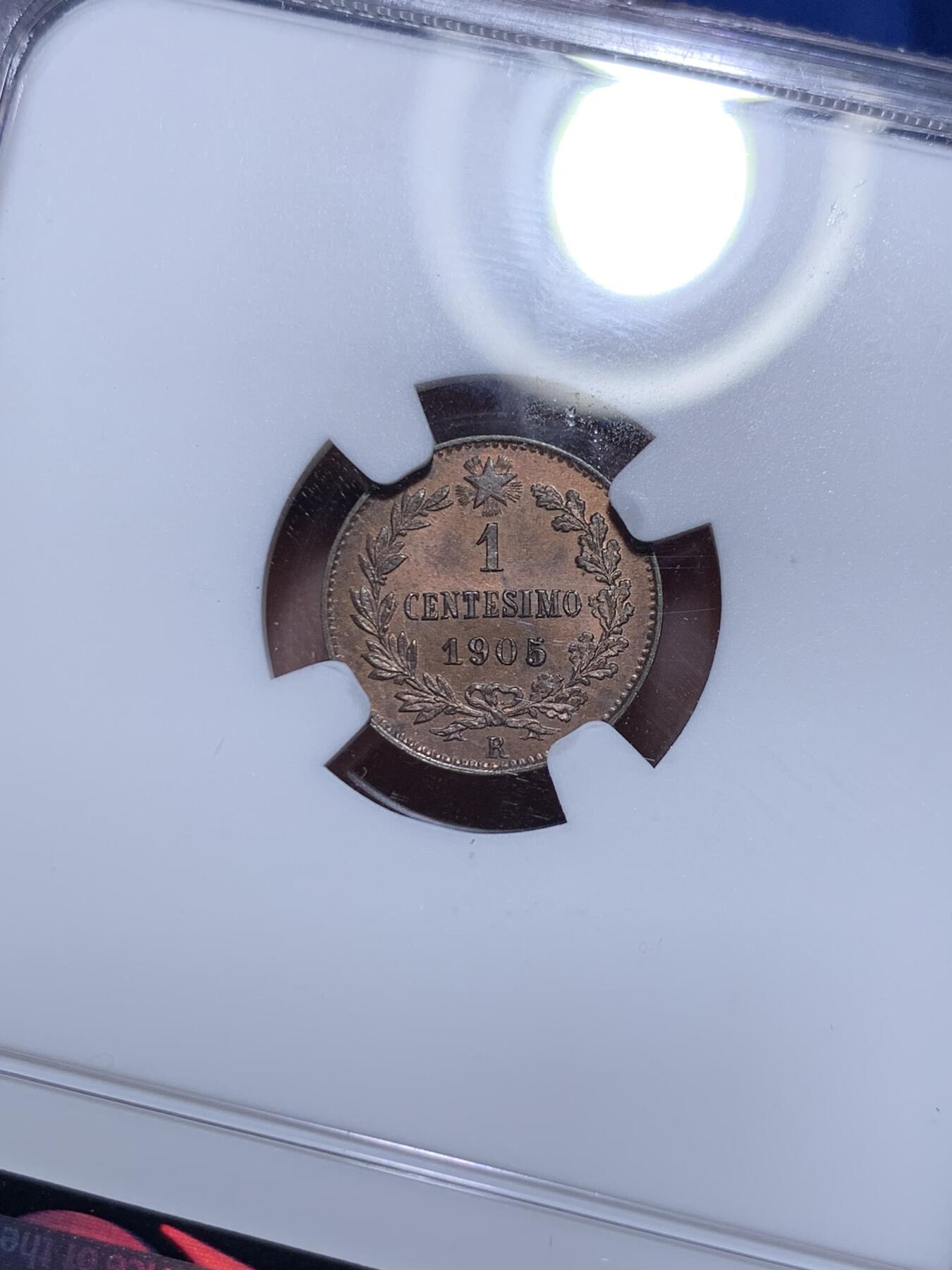 《竞宝斋》第307场   周日，周一,周二 3场连拍 （全场包邮） NGC MS65BN 意大利1905年1分，高分好品难寻，凑套必备