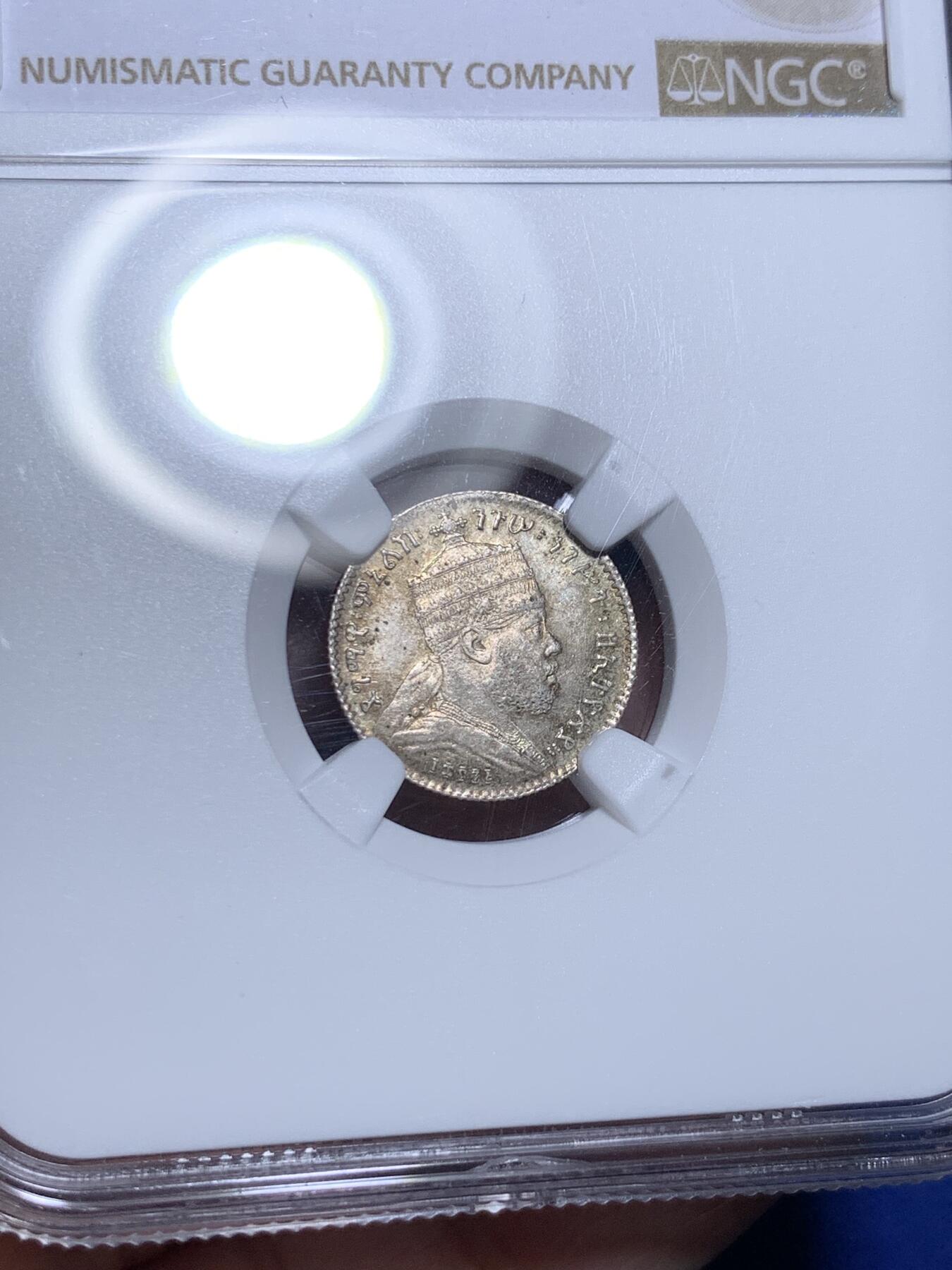 《竞宝斋》第307场   周日，周一,周二 3场连拍 （全场包邮） NGC MS63 埃塞俄比亚1895年狮子扛旗1GERSH银币 原味包浆