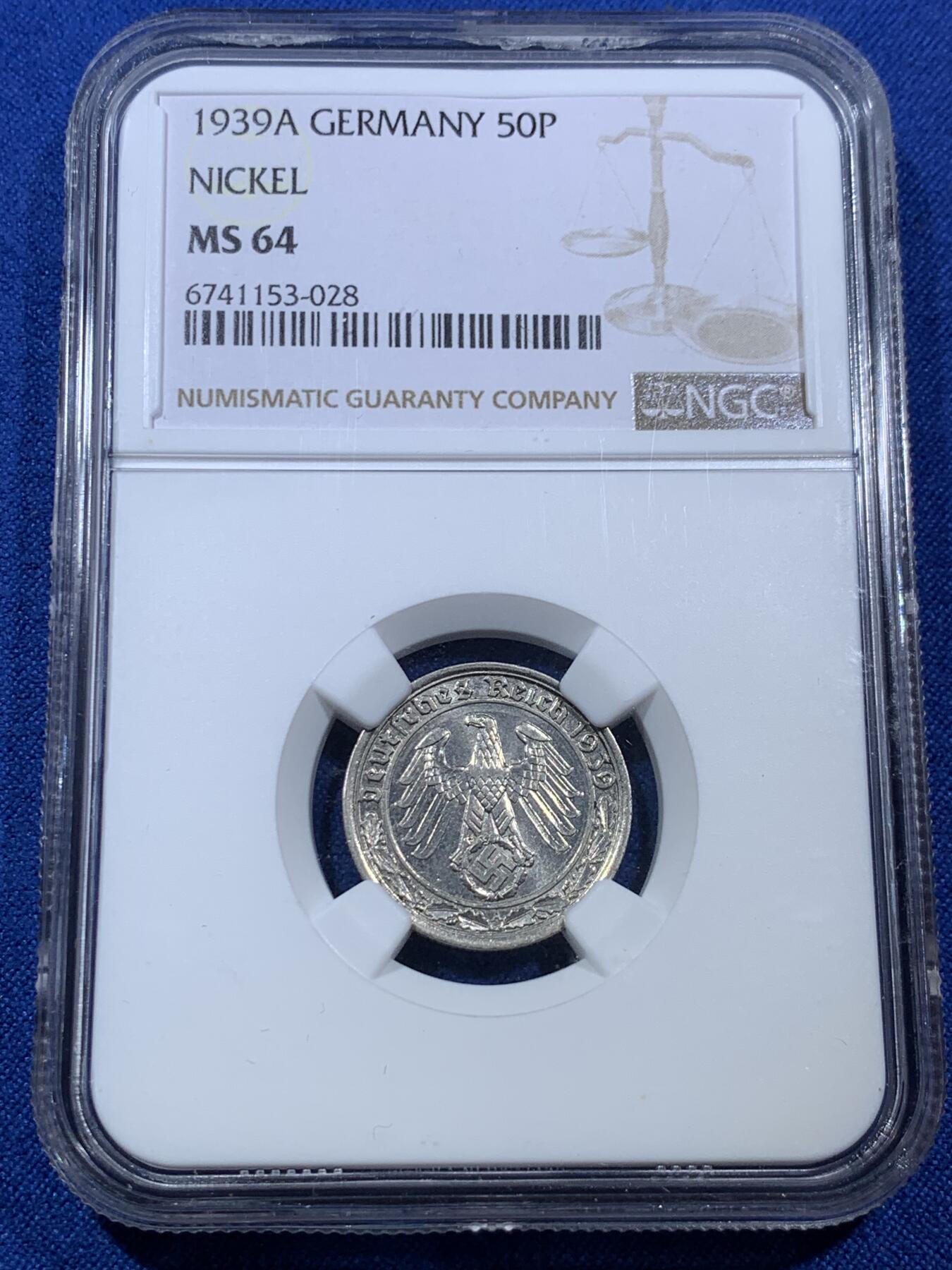 《竞宝斋》第307场   周日，周一,周二 3场连拍 （全场包邮） NGC MS64 德国 第三帝国1939年50芬尼镍币 坦克币 回炉铸造武器 第三帝国小名誉品