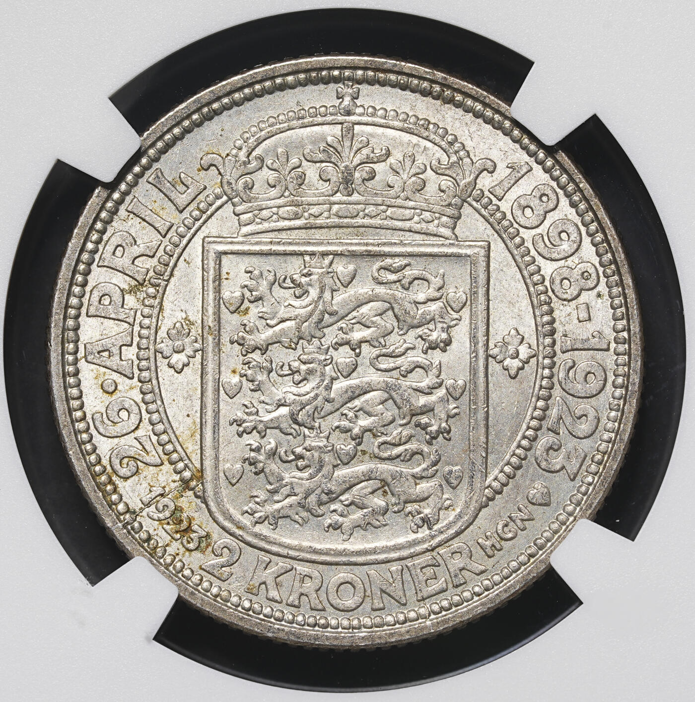 修遠堂世界钱币第三十九期 全场包邮 NGC MS64 1923年丹麦国王银婚纪念2克朗银币