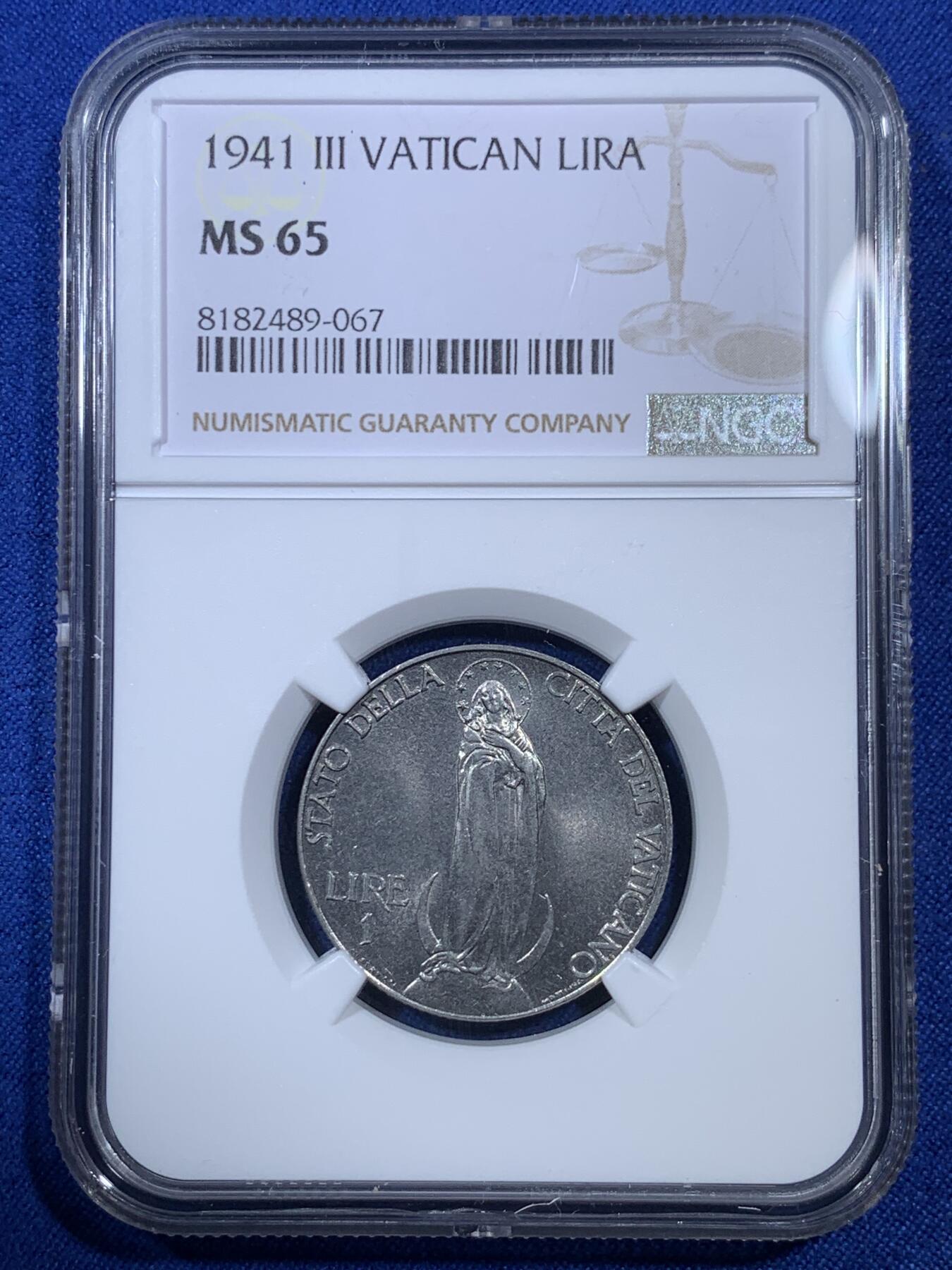《竞宝斋》第307场   周日，周一,周二 3场连拍 （全场包邮） 两枚一组 NGC MS65 梵蒂冈1941年1里拉+2里拉 高分难得 细节犀利