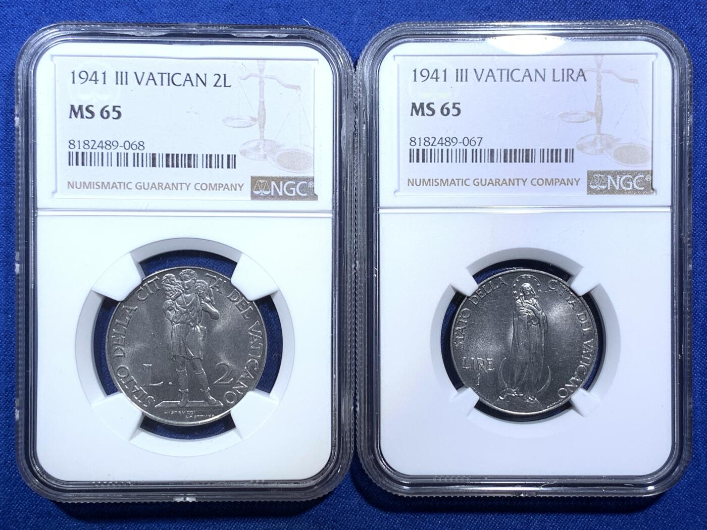 《竞宝斋》第307场   周日，周一,周二 3场连拍 （全场包邮） 两枚一组 NGC MS65 梵蒂冈1941年1里拉+2里拉 高分难得 细节犀利