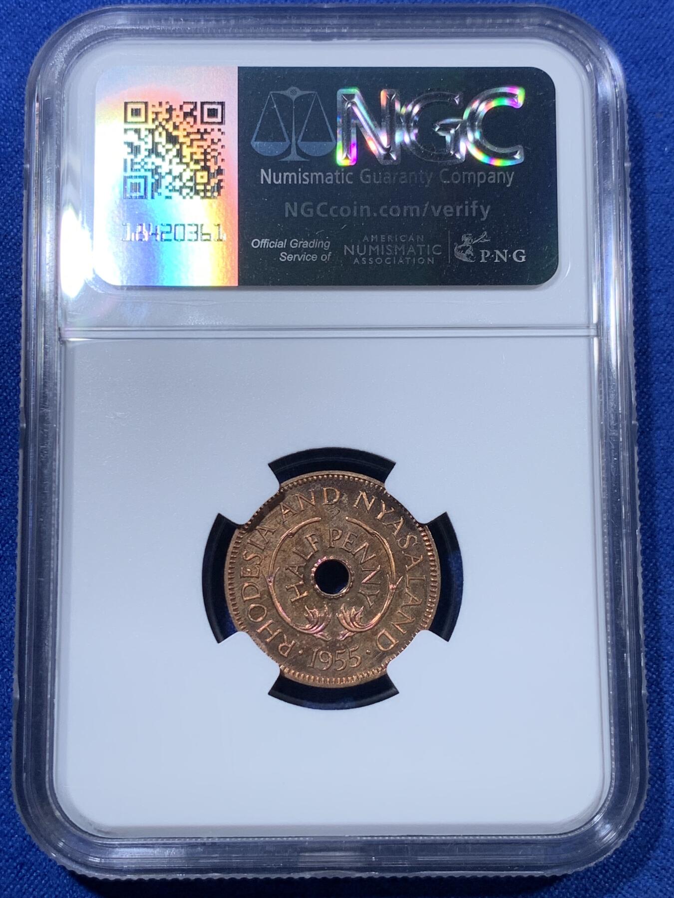 《竞宝斋》第307场   周日，周一,周二 3场连拍 （全场包邮） NGC PF64RB 1955年罗德西亚和尼亚萨兰长颈鹿1/2便士精制长颈鹿铜币