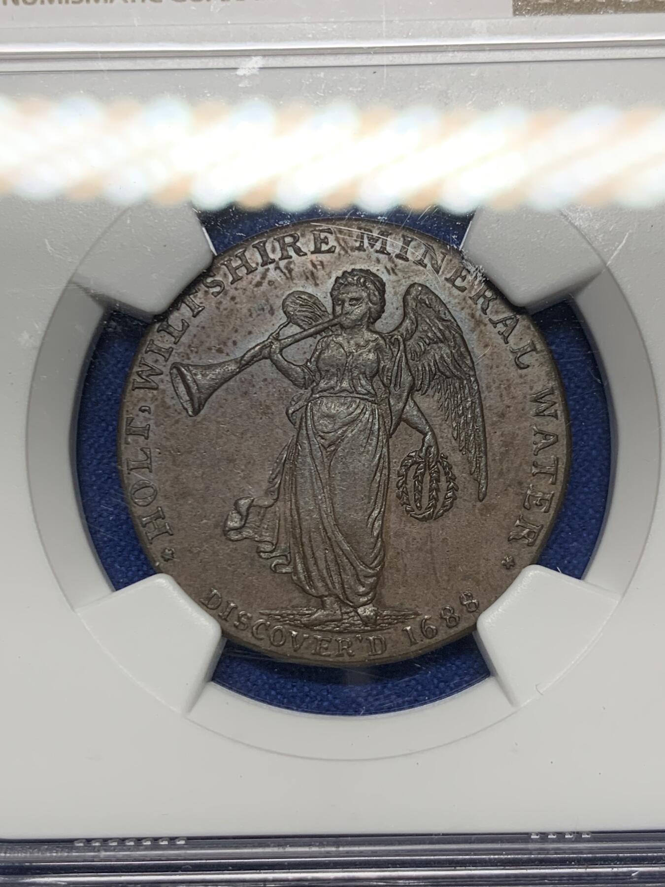 《竞宝斋》第307场   周日，周一,周二 3场连拍 （全场包邮） NGC MS62BN 英国1790威尔特郡吹笛天使1/2P铜代币 季军分，更高分仅有两枚。