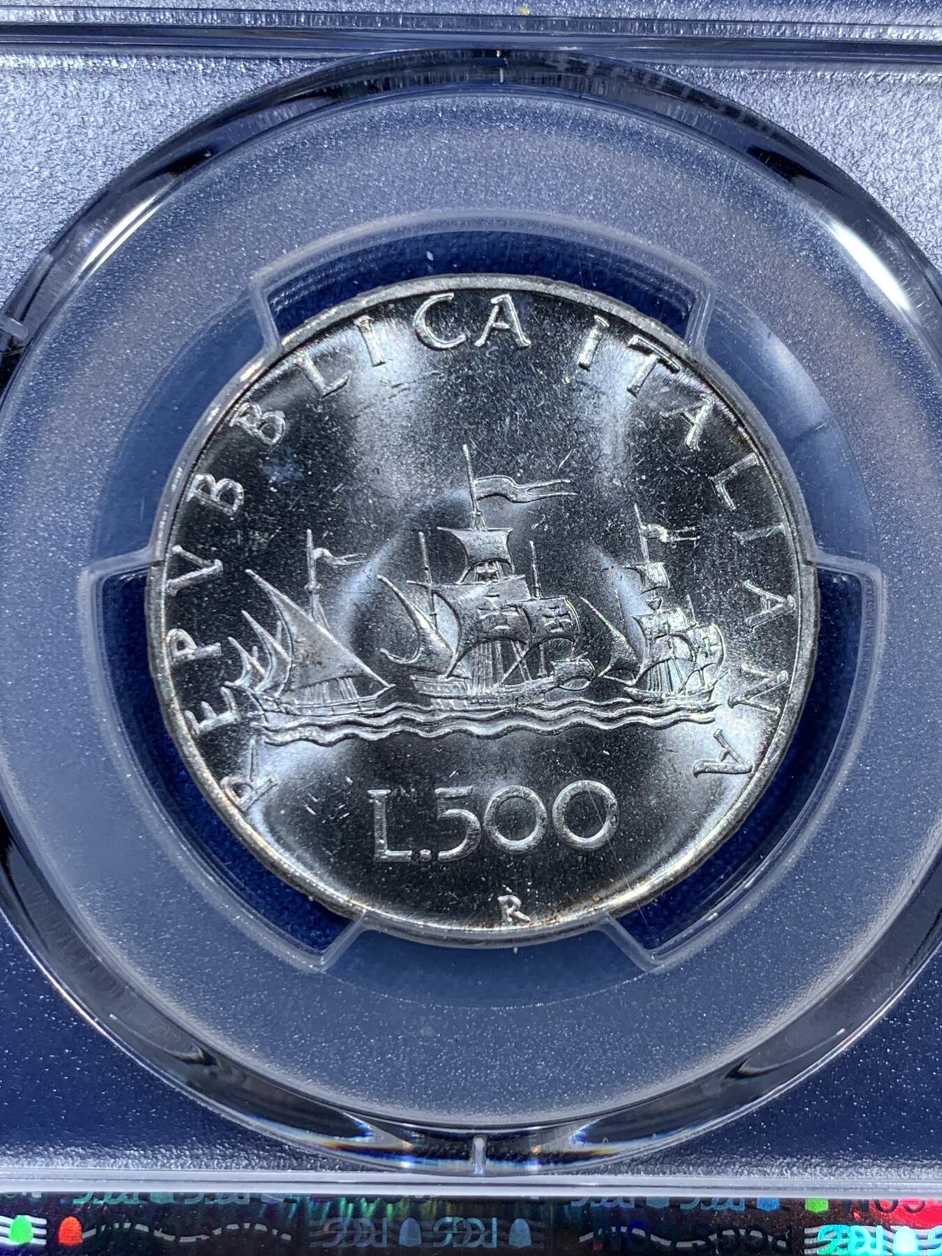 《竞宝斋》第307场   周日，周一,周二 3场连拍 （全场包邮） PCGS MS65 意大利1967年帆船少女500里拉银币 PL质感