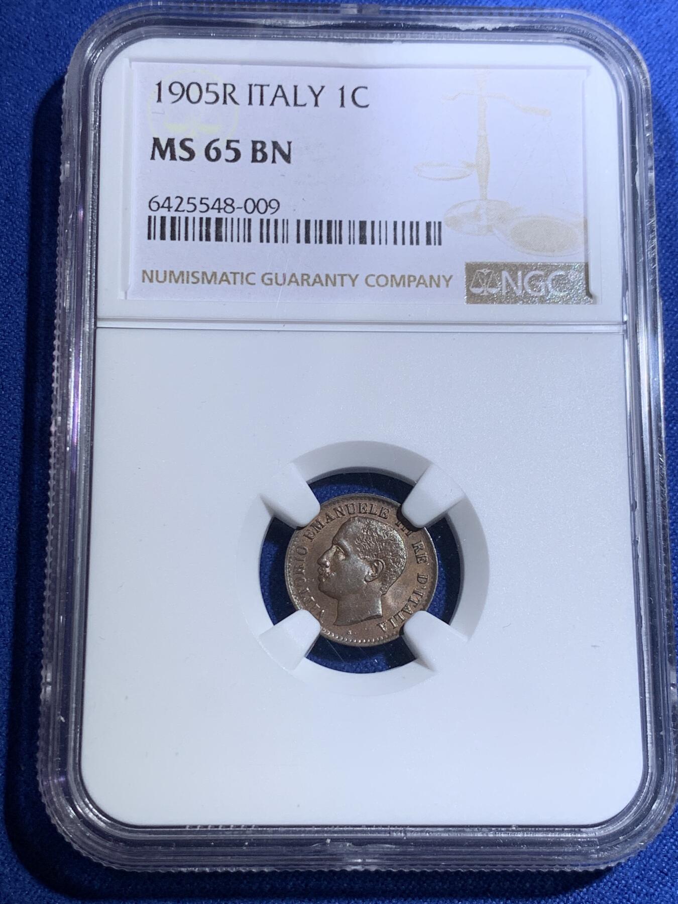 《竞宝斋》第307场   周日，周一,周二 3场连拍 （全场包邮） NGC MS65BN 意大利1905年1分，高分好品难寻，凑套必备