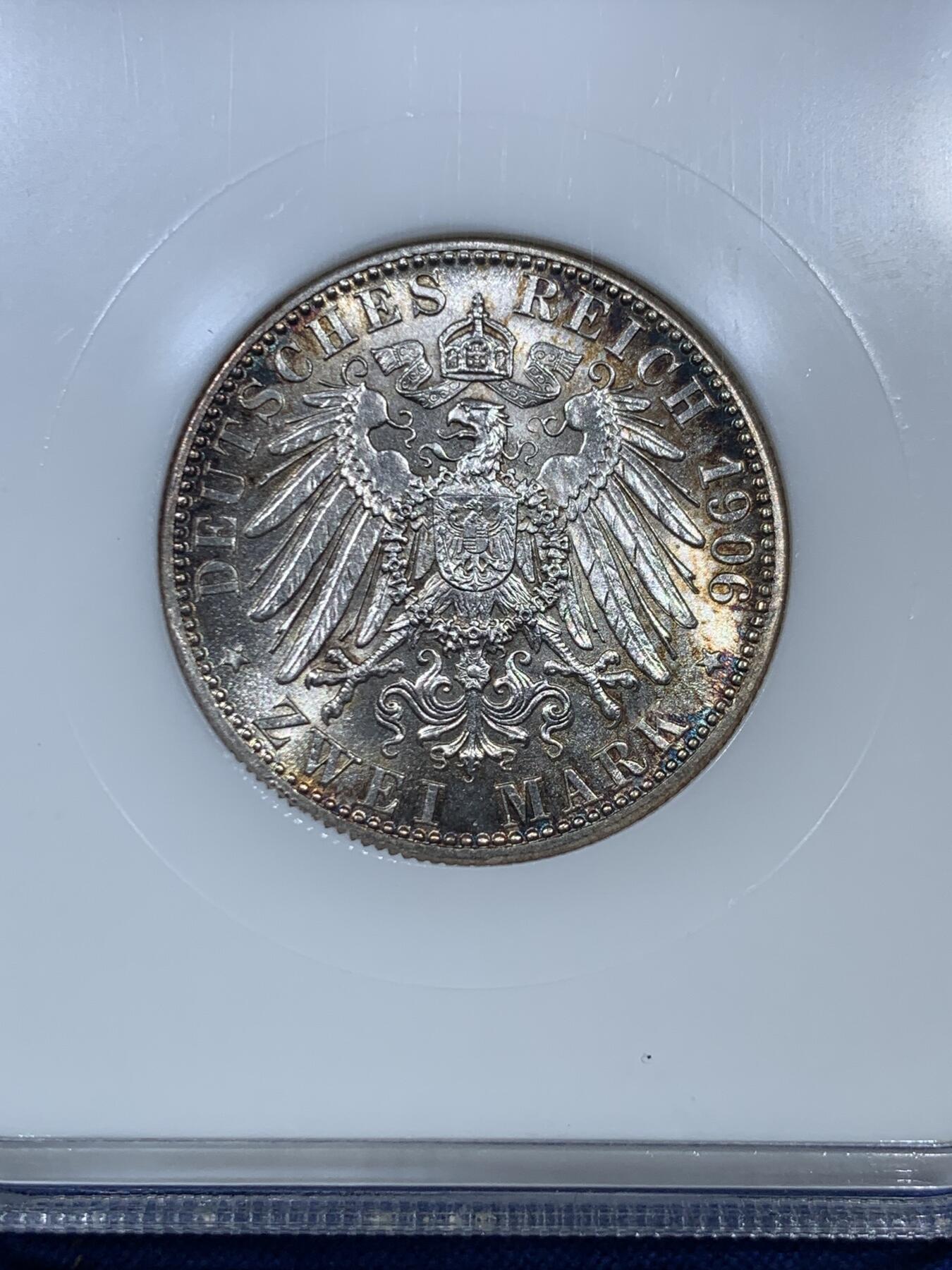 《竞宝斋》第307场   周日，周一,周二 3场连拍 （全场包邮） NGC MS64 德国1906巴登金婚2马克银币 早期小白盒