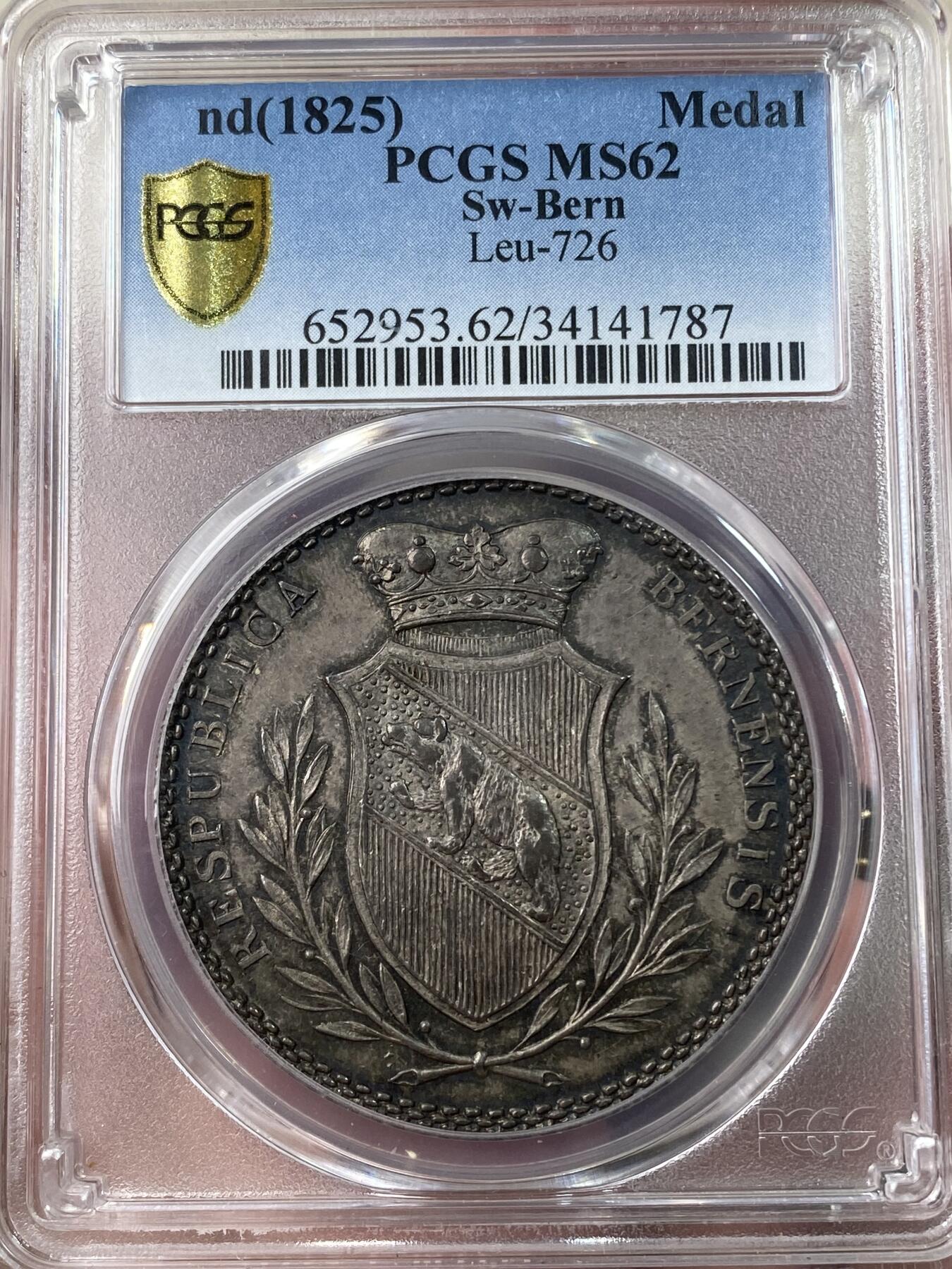 万国钱币拍卖第034期 PCGS MS62 1825年瑞士-伯尔尼大学优异奖章银章 少见早期冠军分名誉品种