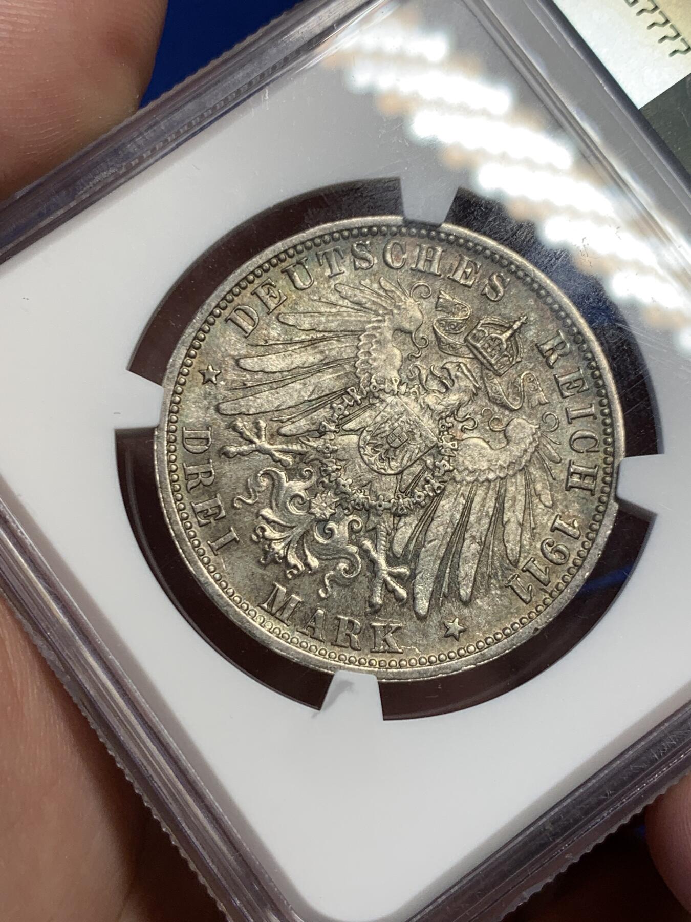 《竞宝斋》第307场   周日，周一,周二 3场连拍 （全场包邮） NGC MS64 原光德国1911年符腾堡金婚3马克银币