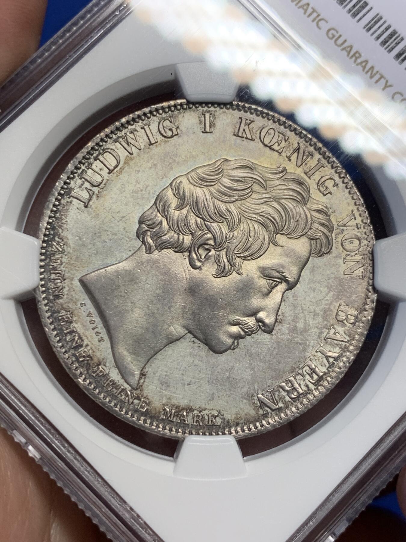 《竞宝斋》第307场   周日，周一,周二 3场连拍 （全场包邮） NGC UNC 德国 巴伐利亚1829年 商贸条约历史泰勒银币 未使用状态 可藏