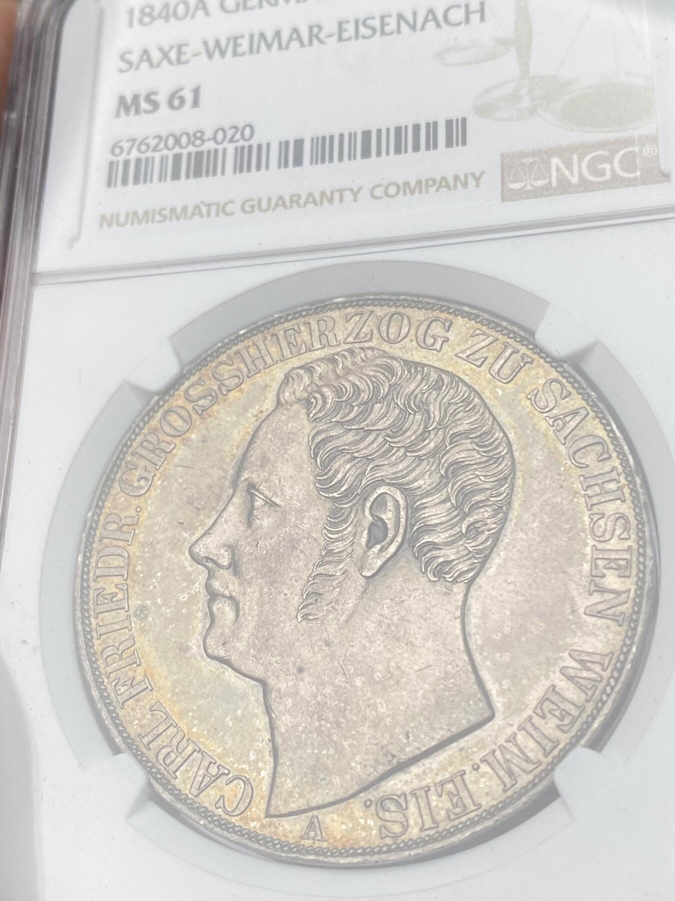 万国钱币拍卖第034期 NGC MS61 1840年萨克森-魏玛-艾森纳赫纹章2泰勒 超难MS小邦 原味五彩包浆